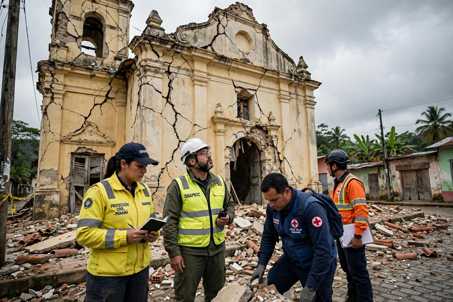 Emergency responders assessing quake-damaged buildings in Panama