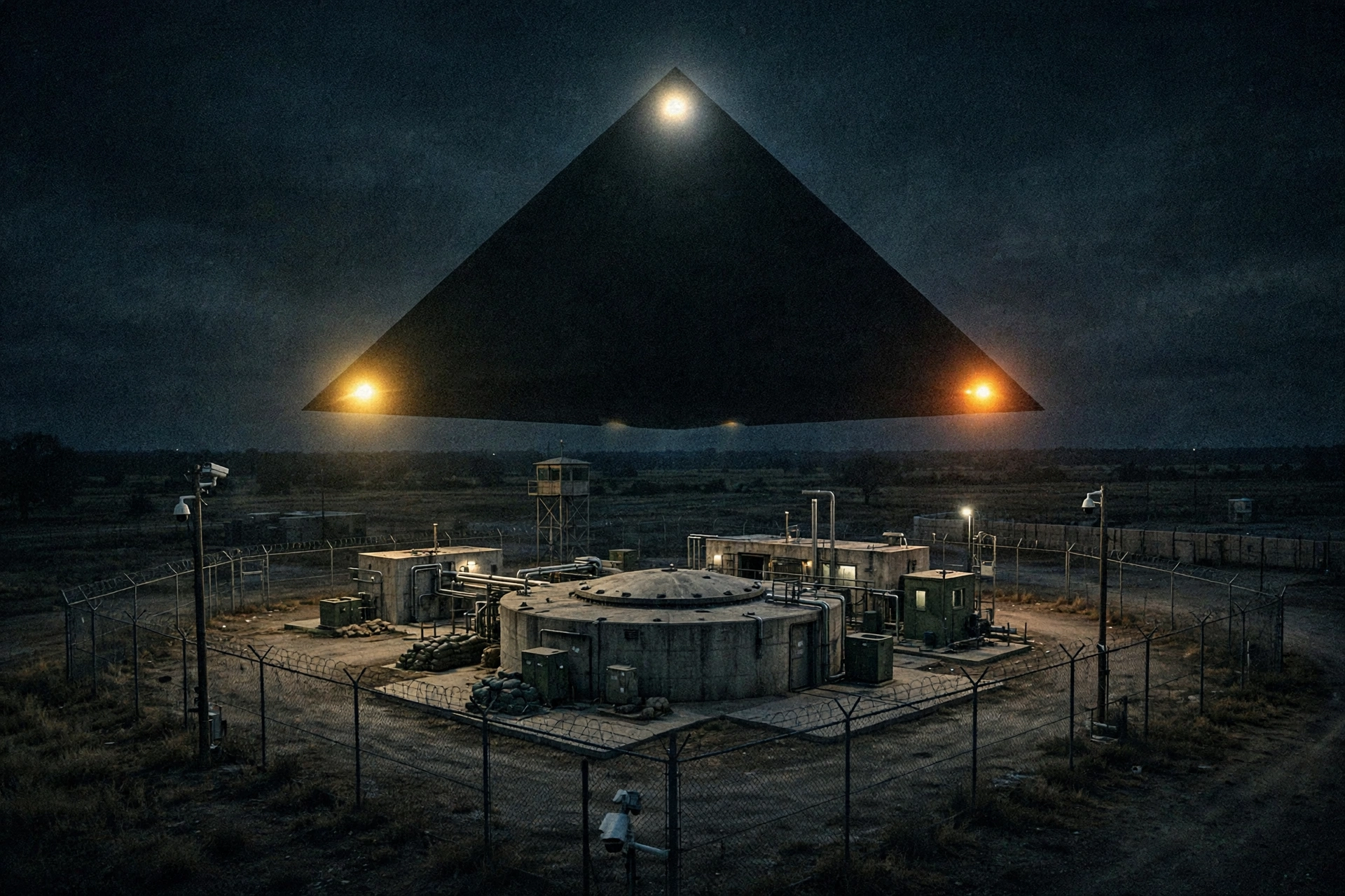 Artist reconstruction of a black triangular craft with glowing corner lights hovering over a fenced missile silo facility at night