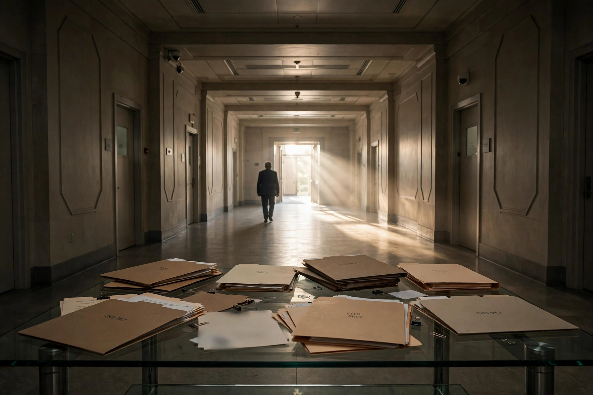 A lone retired senior official walking down a Pentagon corridor toward the light, with declassified-style folders on a table