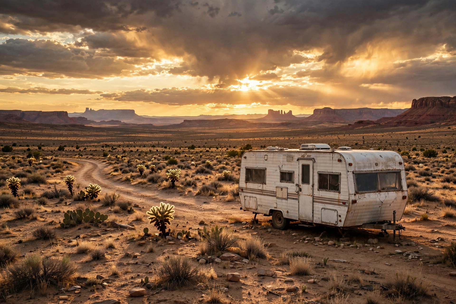 A lone camper RV in the desert at golden hour, echoing the world of Breaking Bad