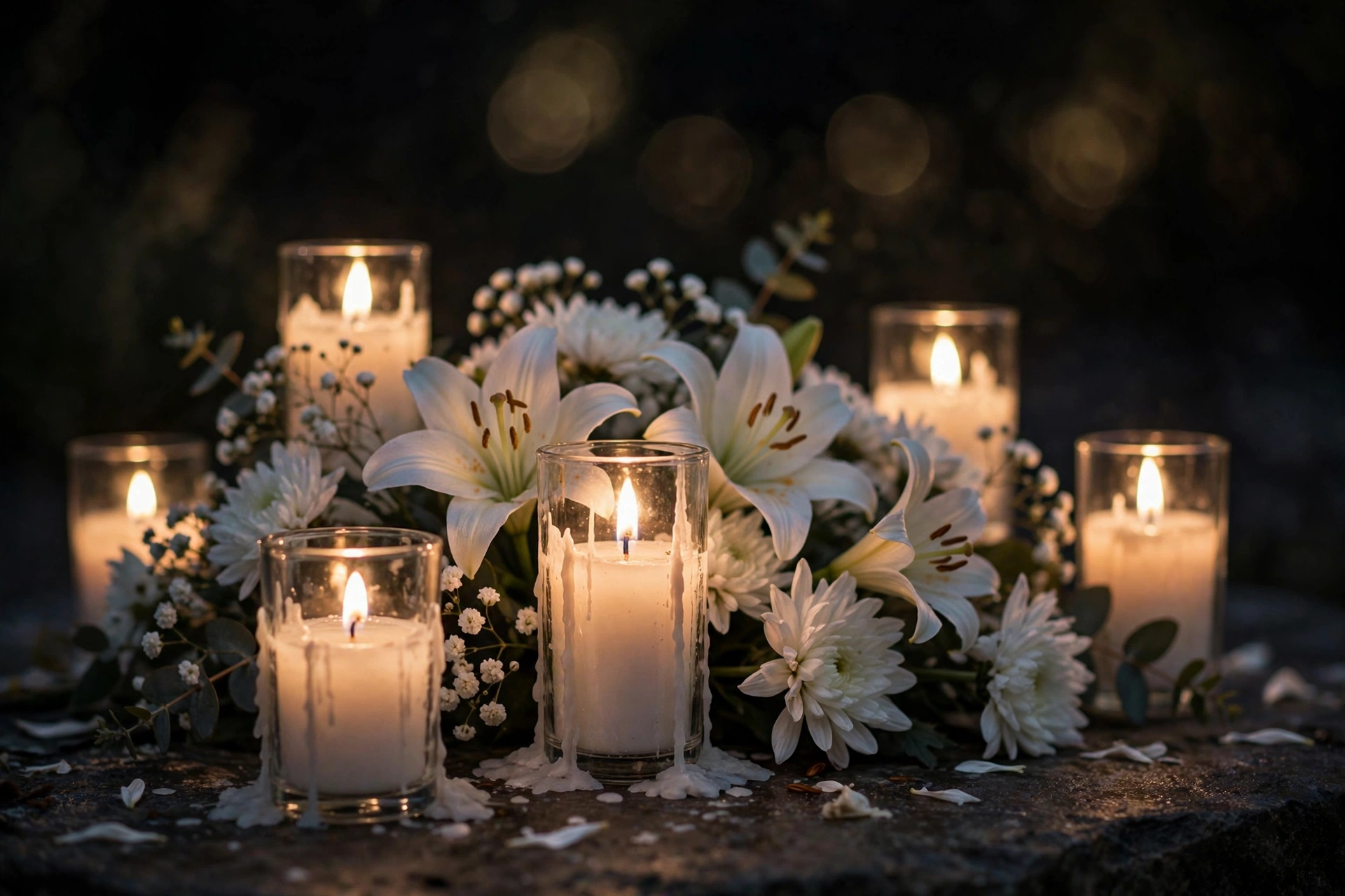 Lit memorial candles and white flowers arranged as a tribute at night