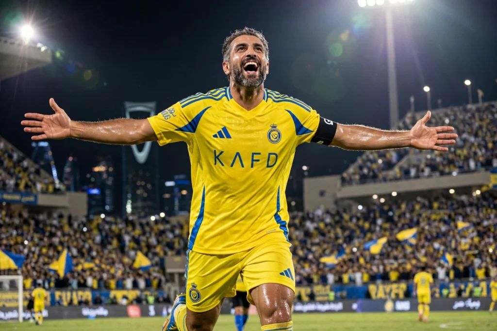 A veteran football striker in an Al Nassr yellow-and-blue kit celebrating a goal with arms spread wide under the floodlights in Riyadh