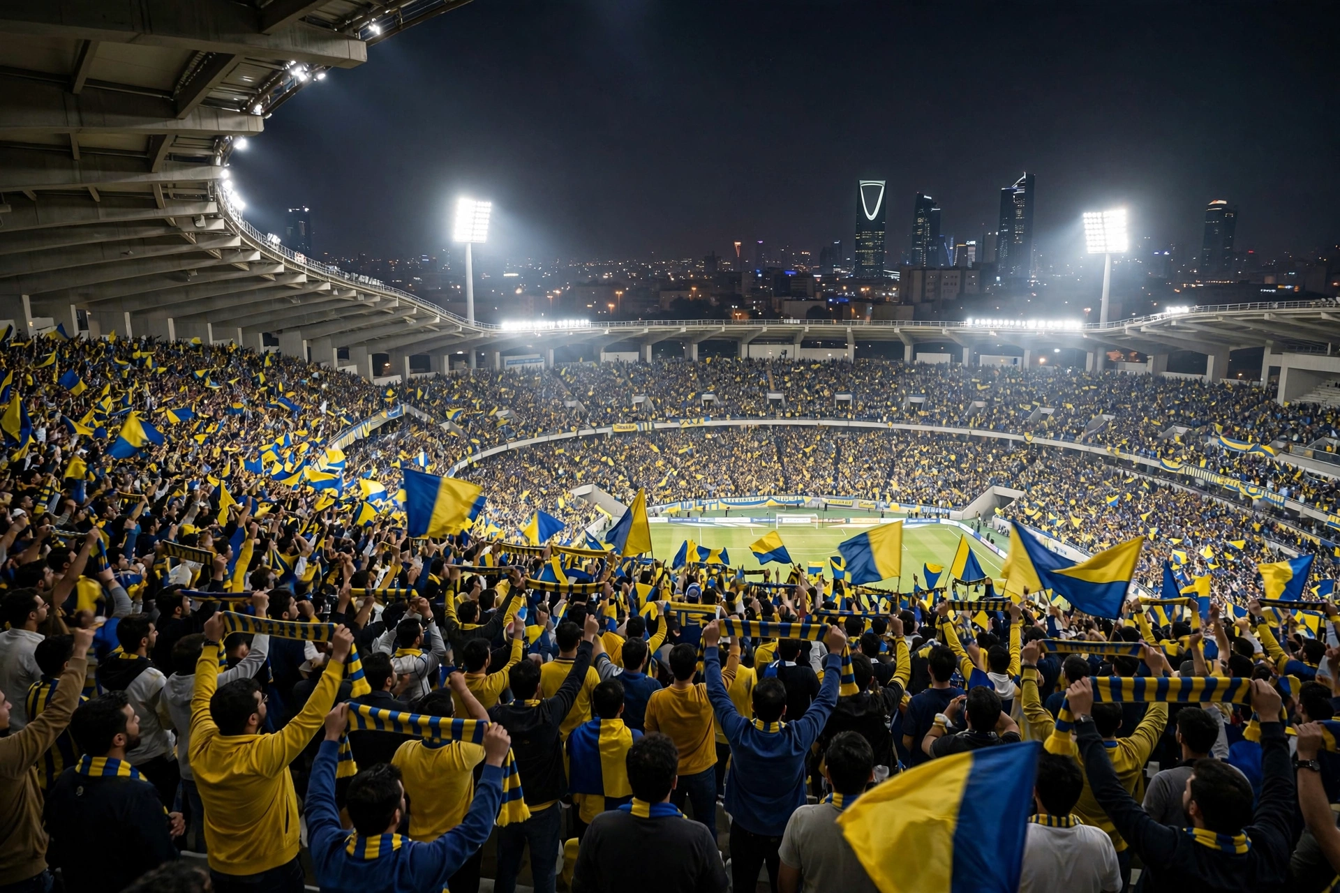 A packed floodlit football stadium in Riyadh at night with fans waving yellow-and-blue scarves