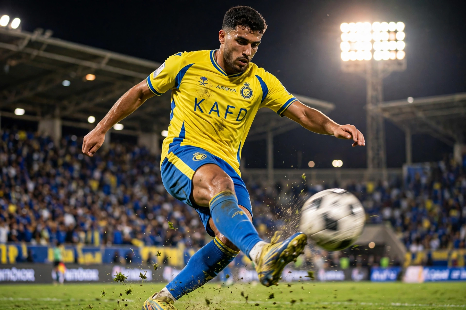 A football striker in an Al Nassr yellow-and-blue kit striking the ball on the turn during a night match in Riyadh