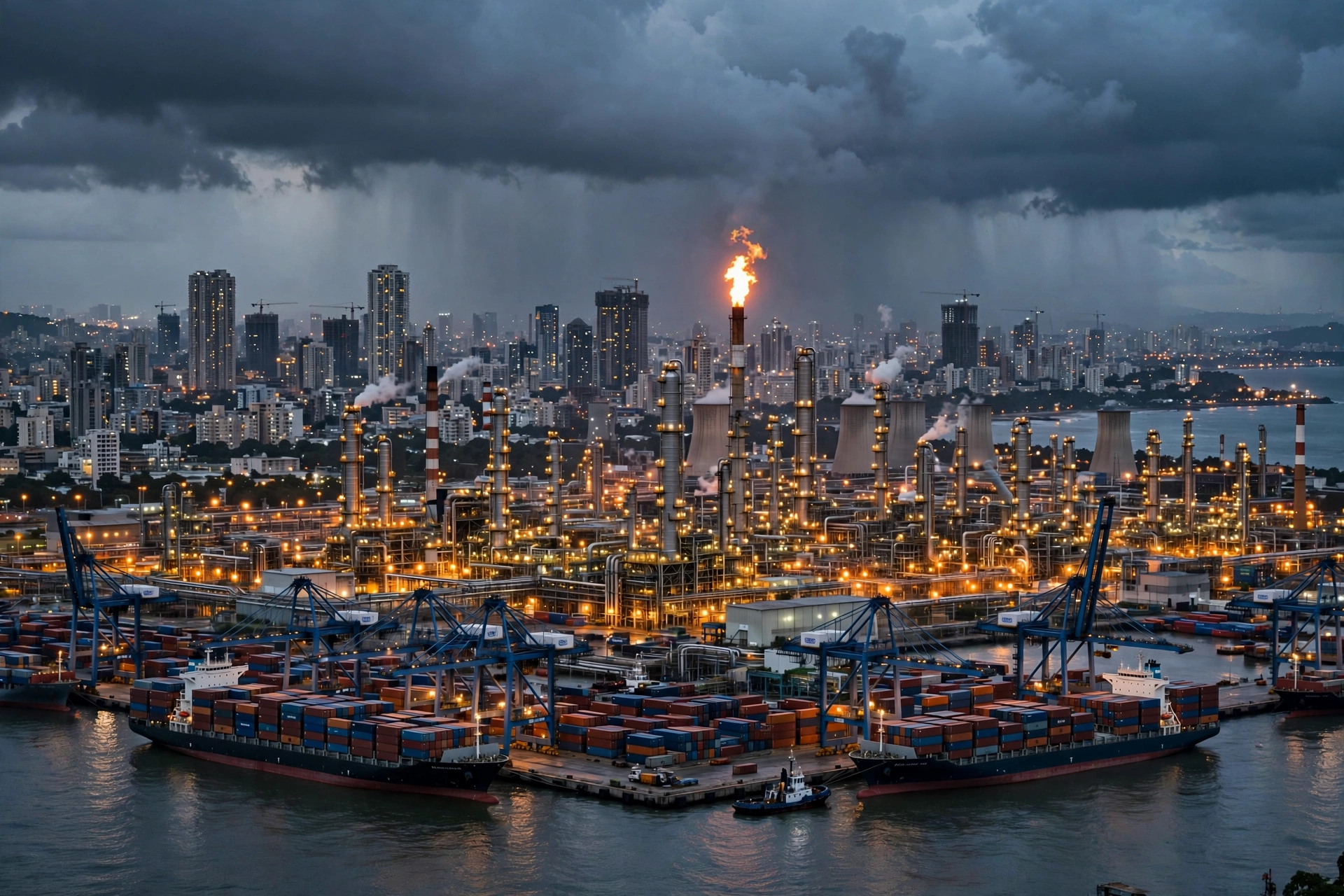Industrial port city skyline at dusk with refinery towers and container ships