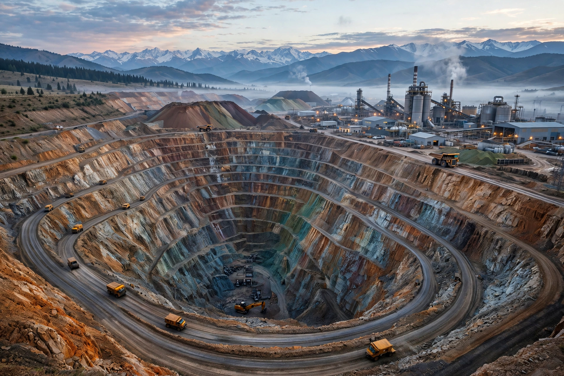 Open-pit rare earth and copper mine in Central Asia at dawn, with terraced rock walls and mining trucks