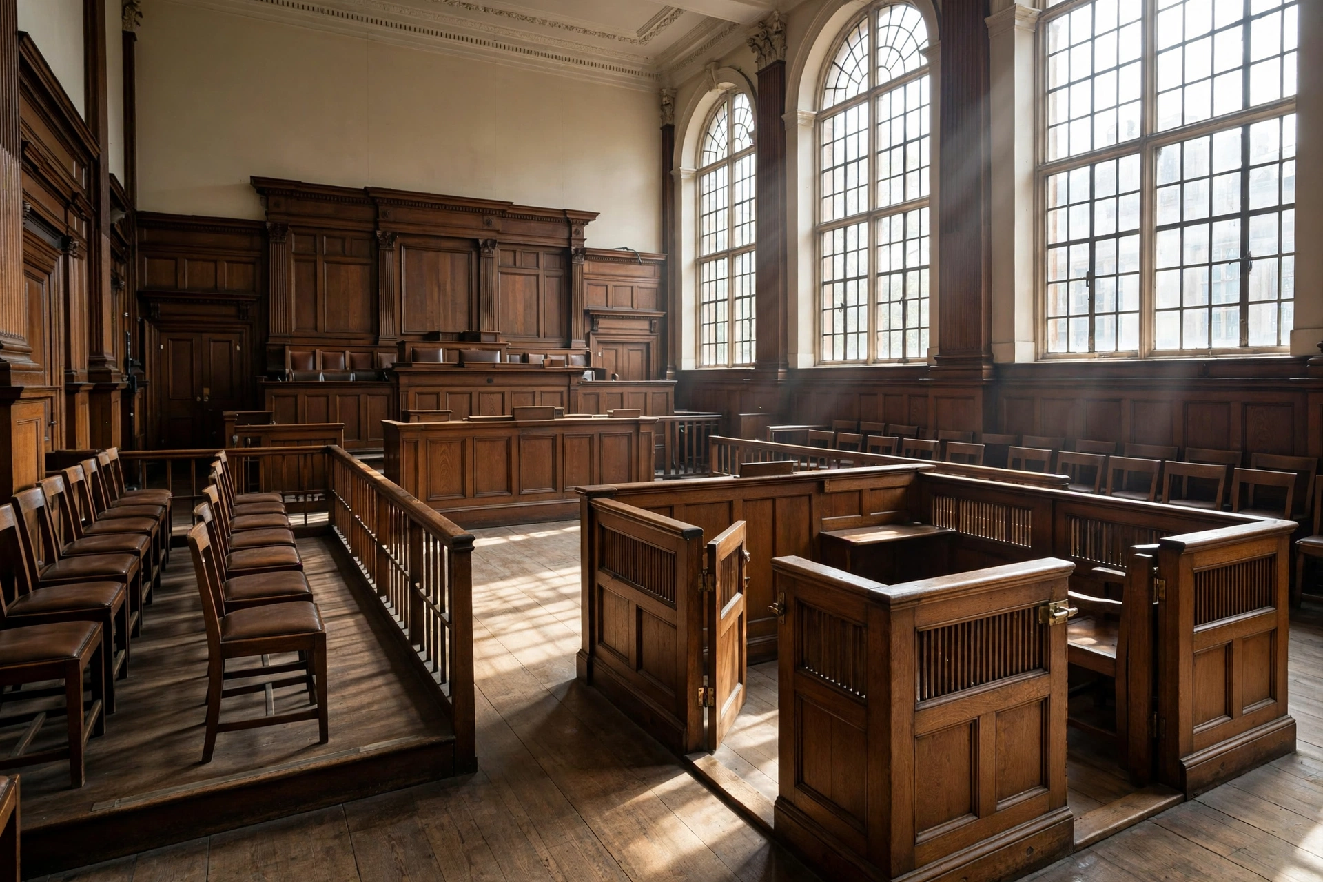 Empty British courtroom with wooden dock and jury box at Southwark Crown Court