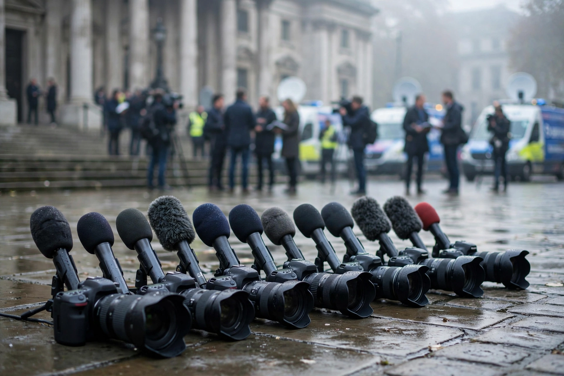 Press microphones and cameras outside Southwark Crown Court in London during the Russell Brand trial