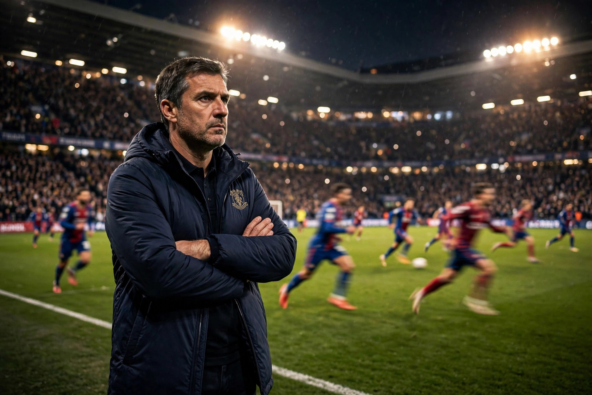 A football manager standing on the touchline at night, arms folded, watching the game under floodlights