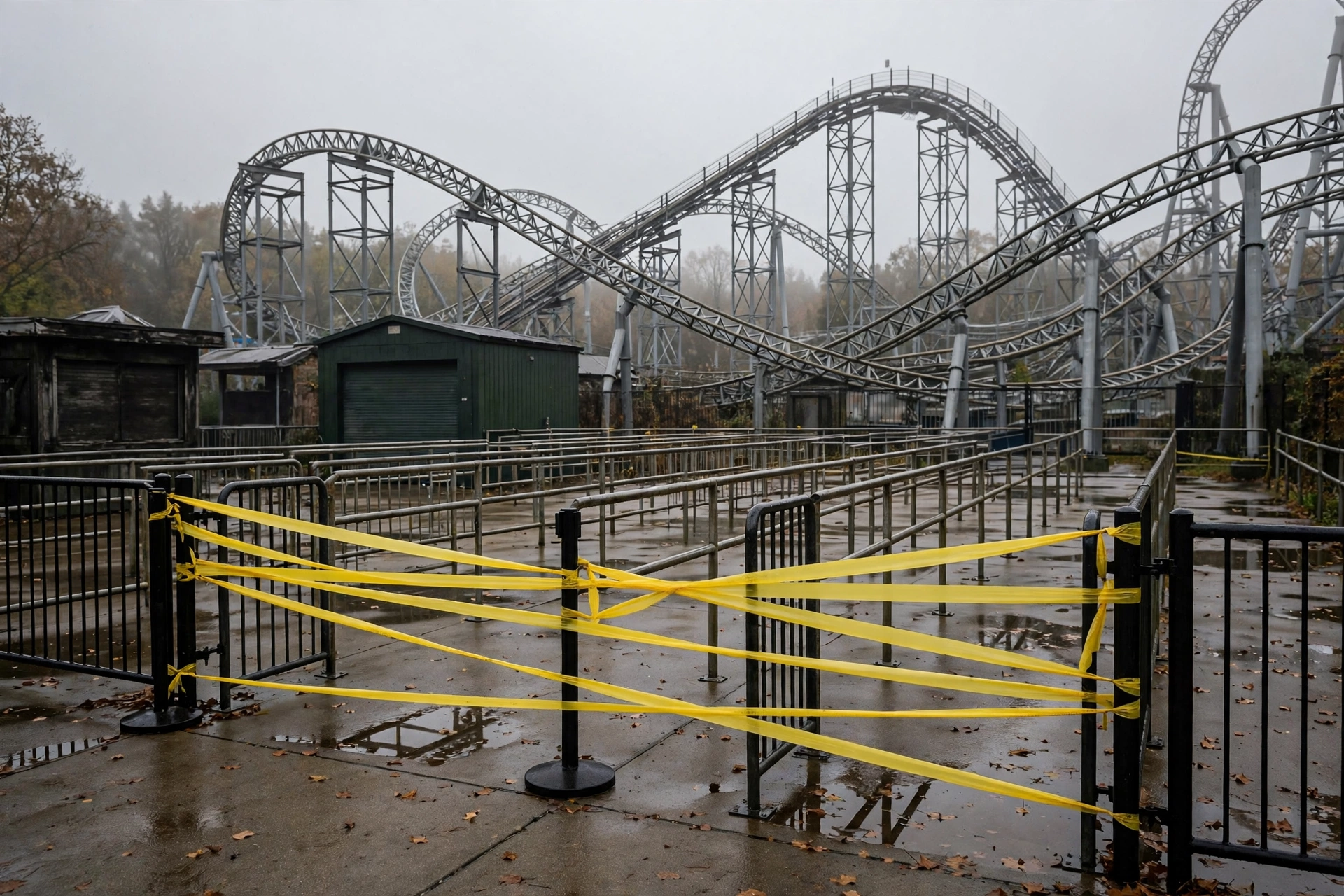 An empty steel roller coaster with yellow caution tape around its entrance plaza on an overcast day