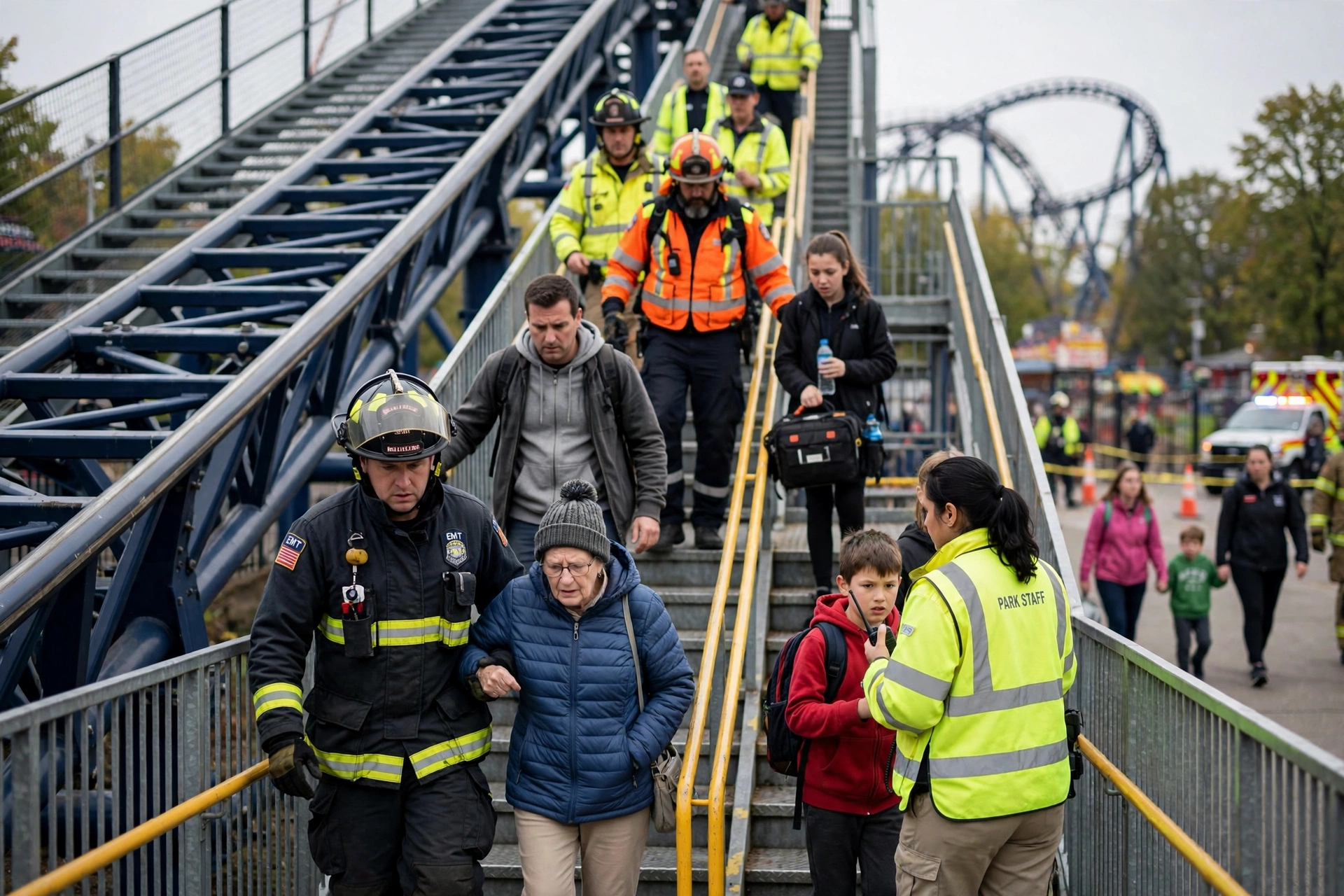 Emergency responders and park staff evacuating riders from a stalled roller coaster at an amusement park