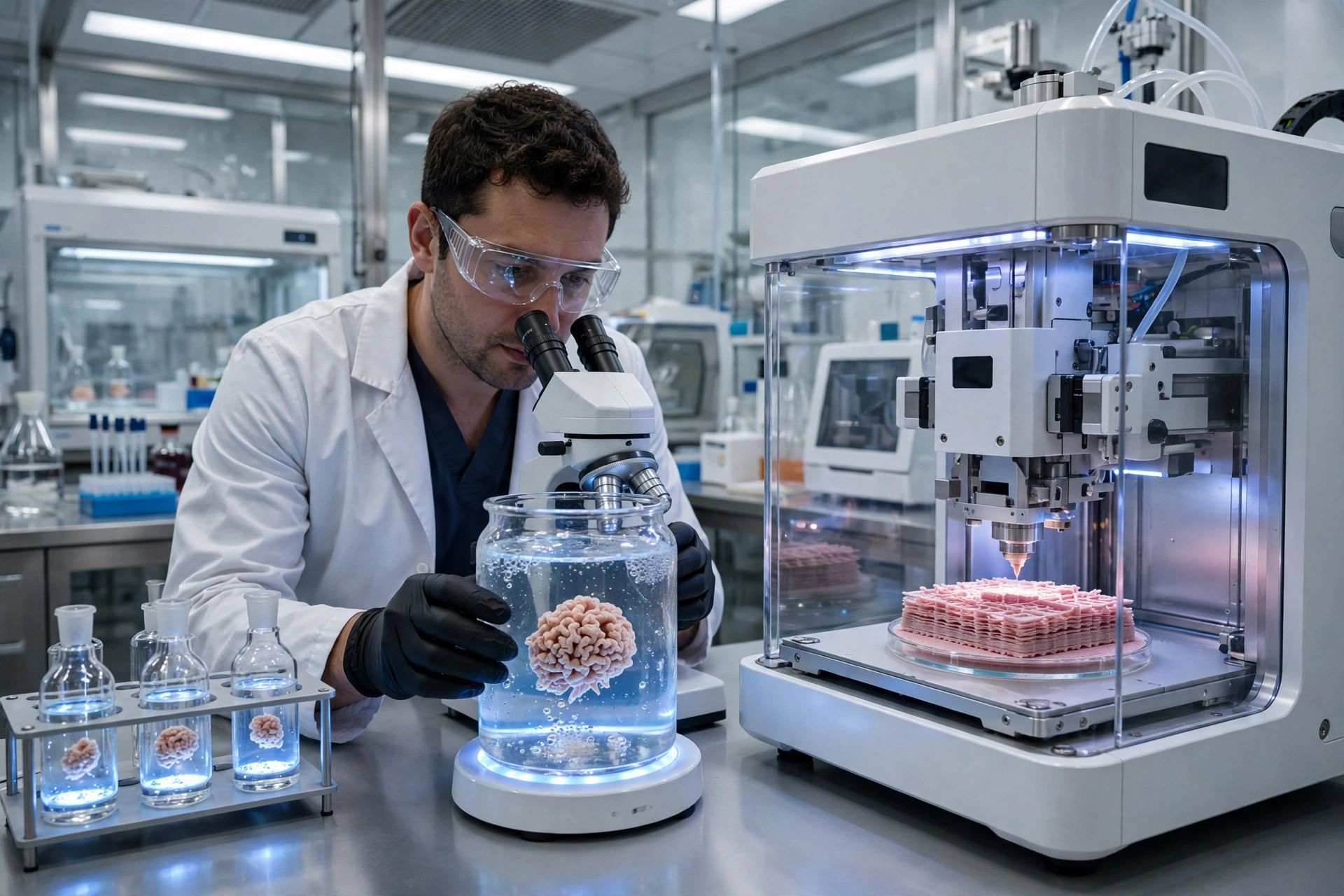 Scientist examining lab-grown brain organoid tissue in a high-tech biotech laboratory, with a bioprinting device assembling layered tissue