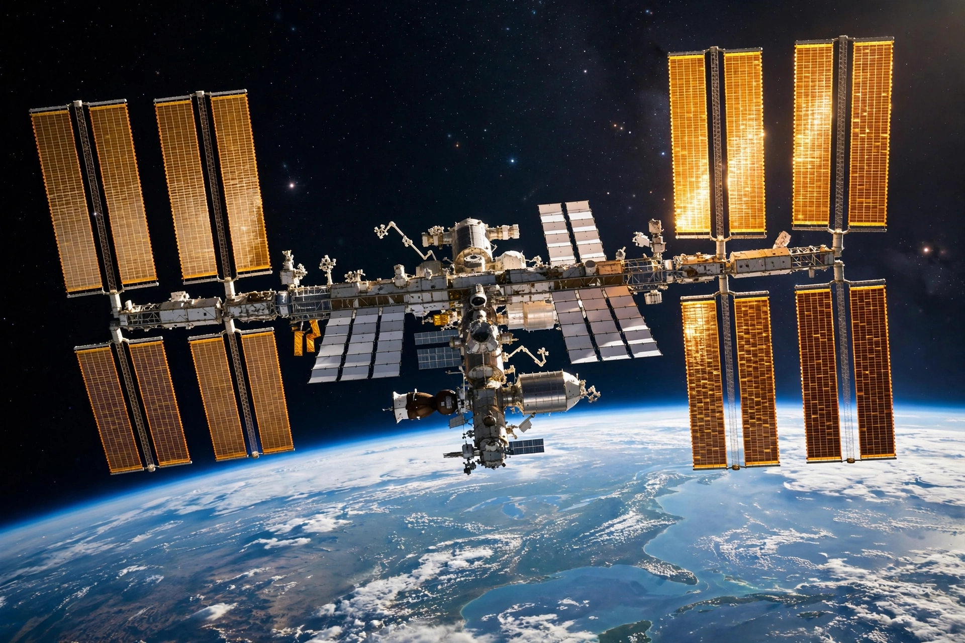 International Space Station in orbit above Earth with golden roll-out solar arrays extended
