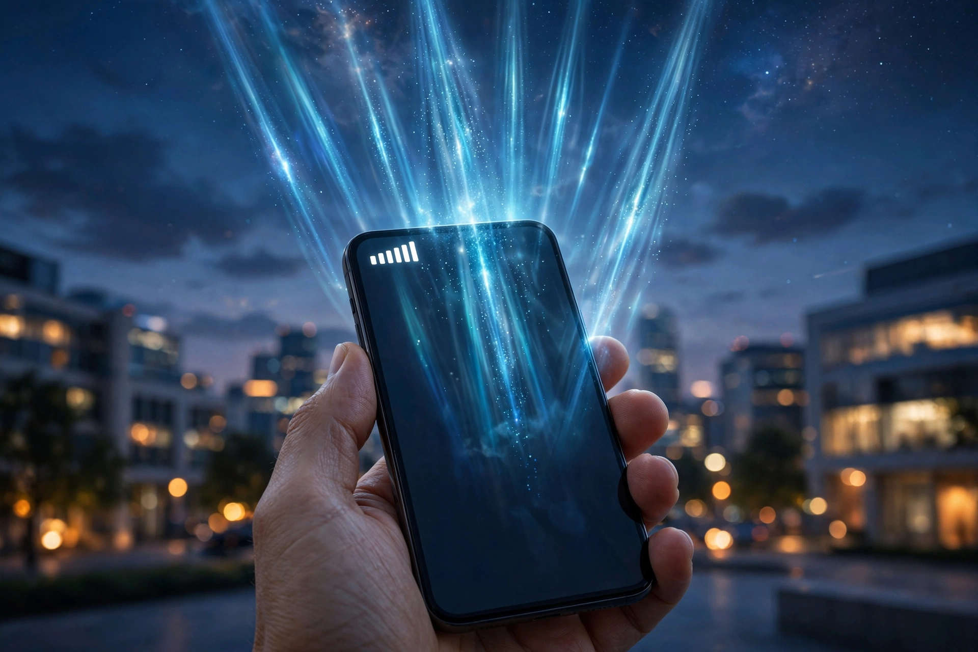 Hand holding a smartphone showing full signal bars with glowing satellite signal beams streaming down from space, city lights in the background