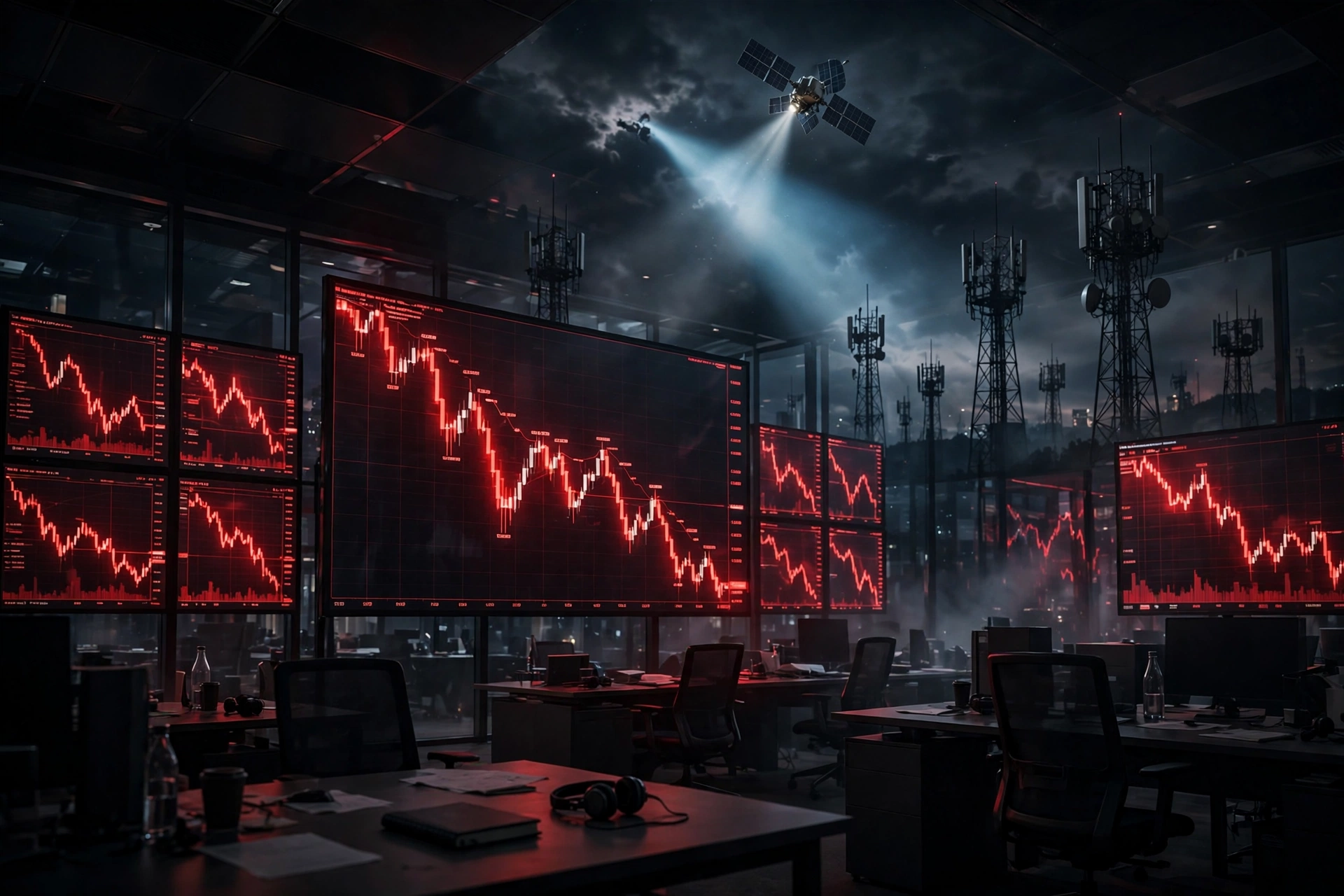 Dark trading floor with glowing red stock charts plunging downward and cell towers silhouetted outside the windows