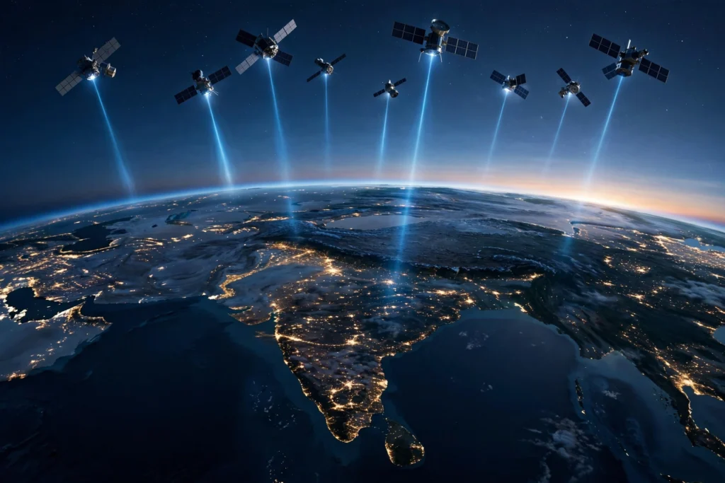 Starlink satellites beaming internet coverage over India at night