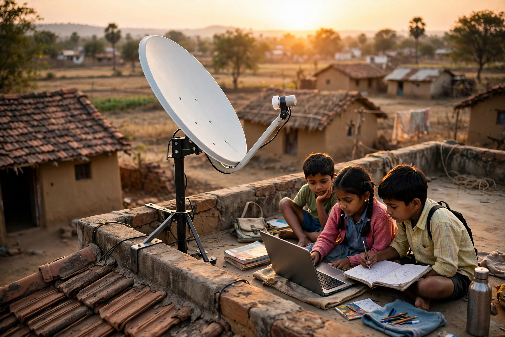 Rooftop satellite dish receiving high-speed internet in a rural Indian village at sunset
