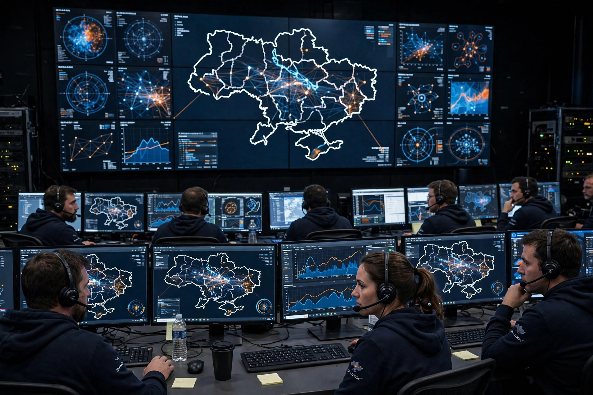 SpaceX mission control room monitoring Starshield satellite network coverage over Ukraine