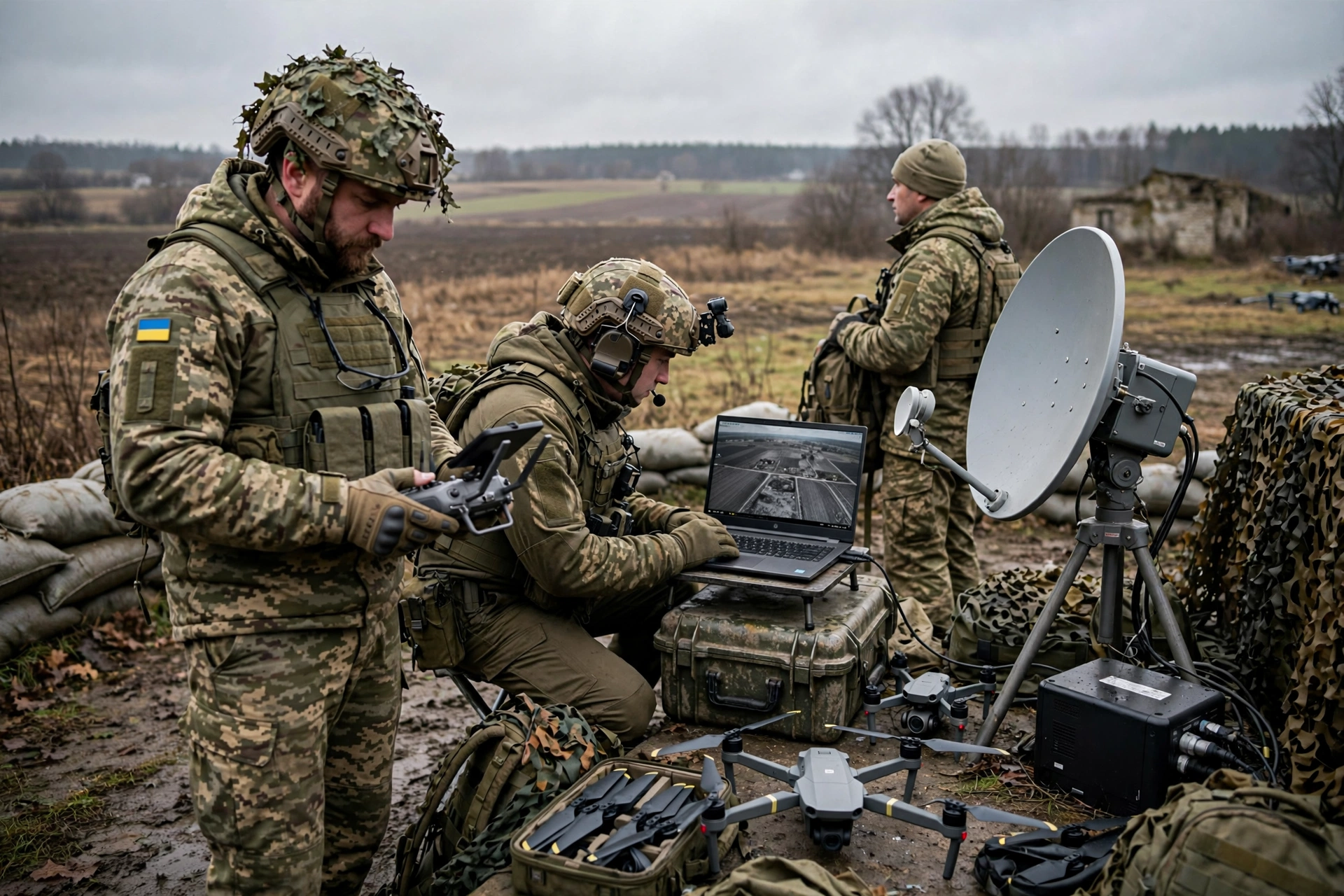 Ukrainian soldiers operating surveillance drones at a frontline position with a satellite internet terminal