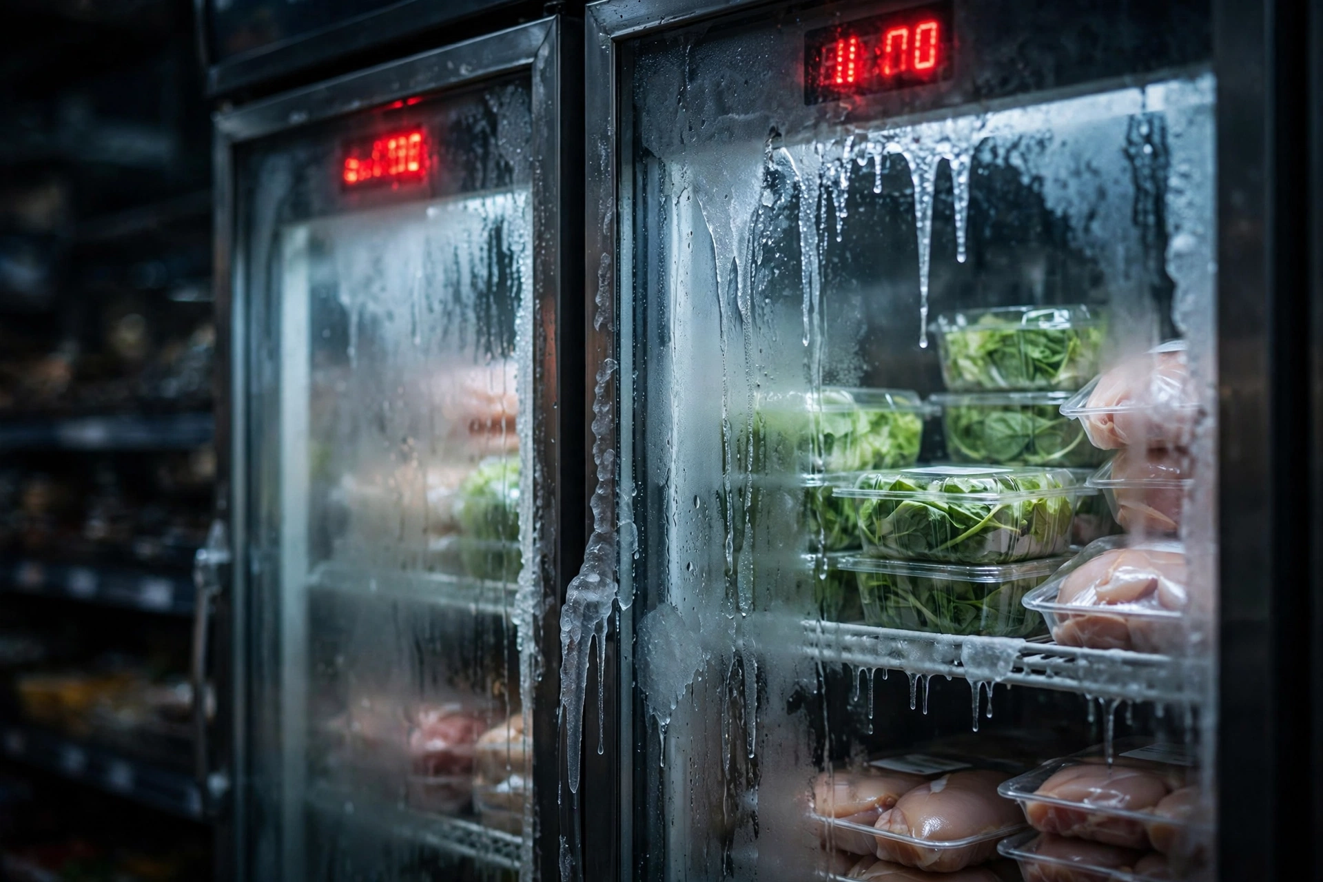 Supermarket refrigerator display cases with temperature displays during the cyberattack that disrupted European grocery chains