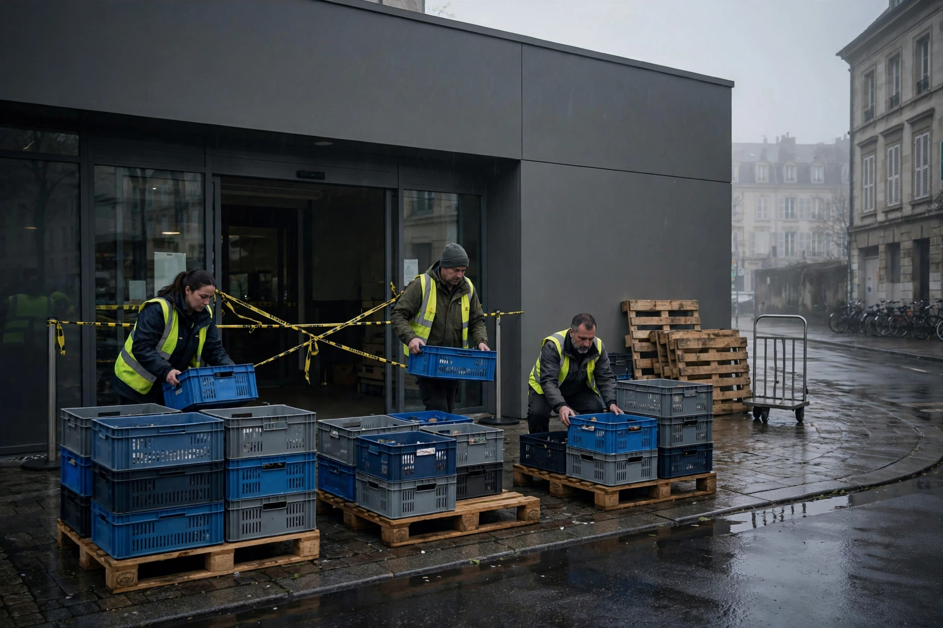 Supermarket workers clearing crates of spoiled refrigerated goods outside a store after the European supermarket cyberattack