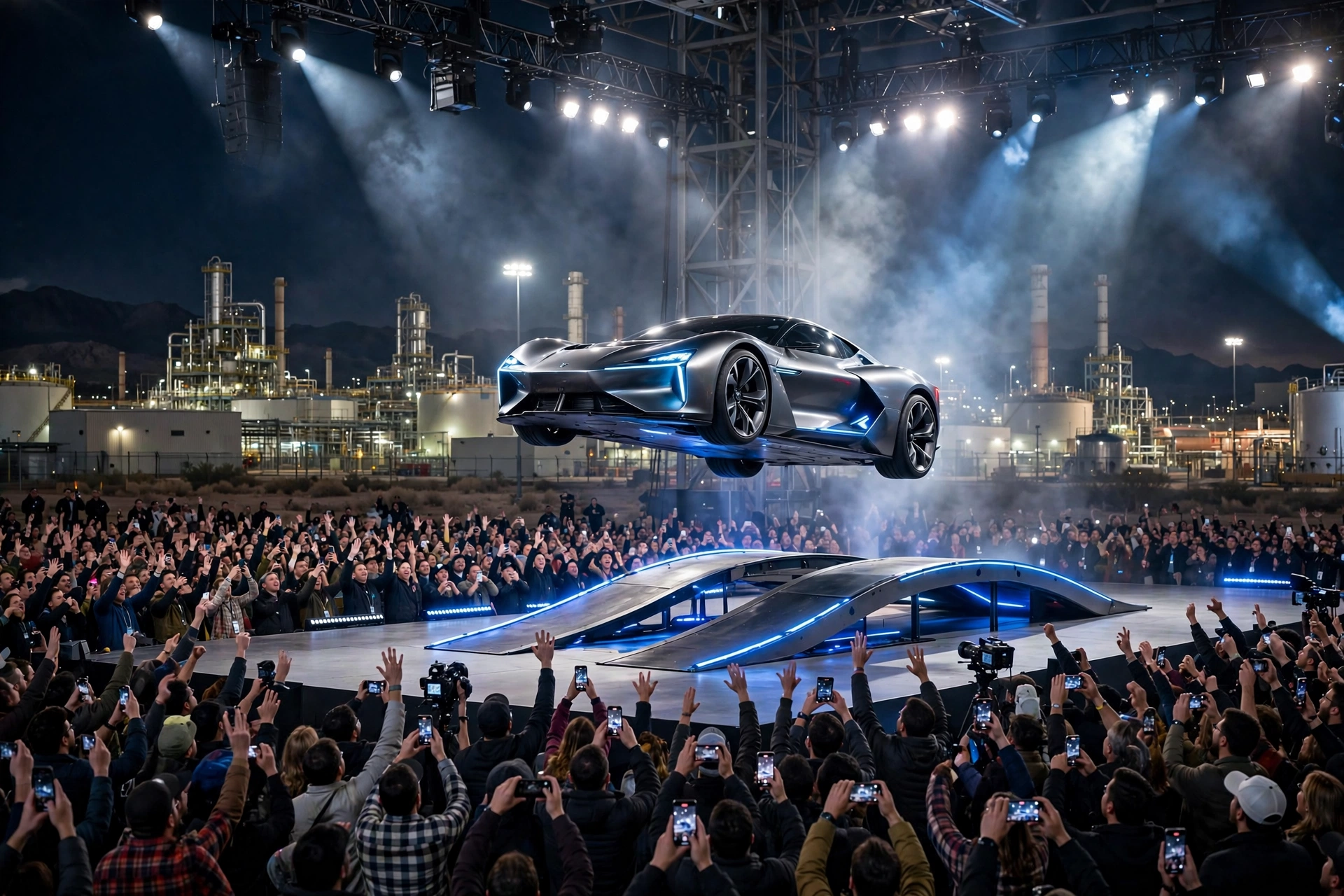 Crowd watching the Tesla Roadster reveal event at night in Texas