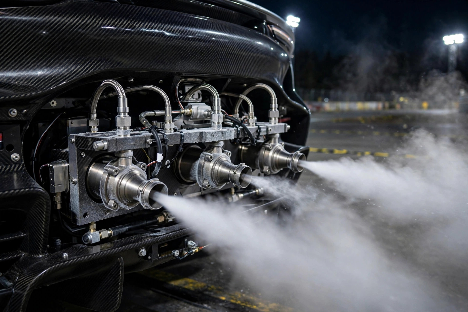 Close-up of cold-gas rocket thruster nozzles firing on the rear of the Tesla Roadster