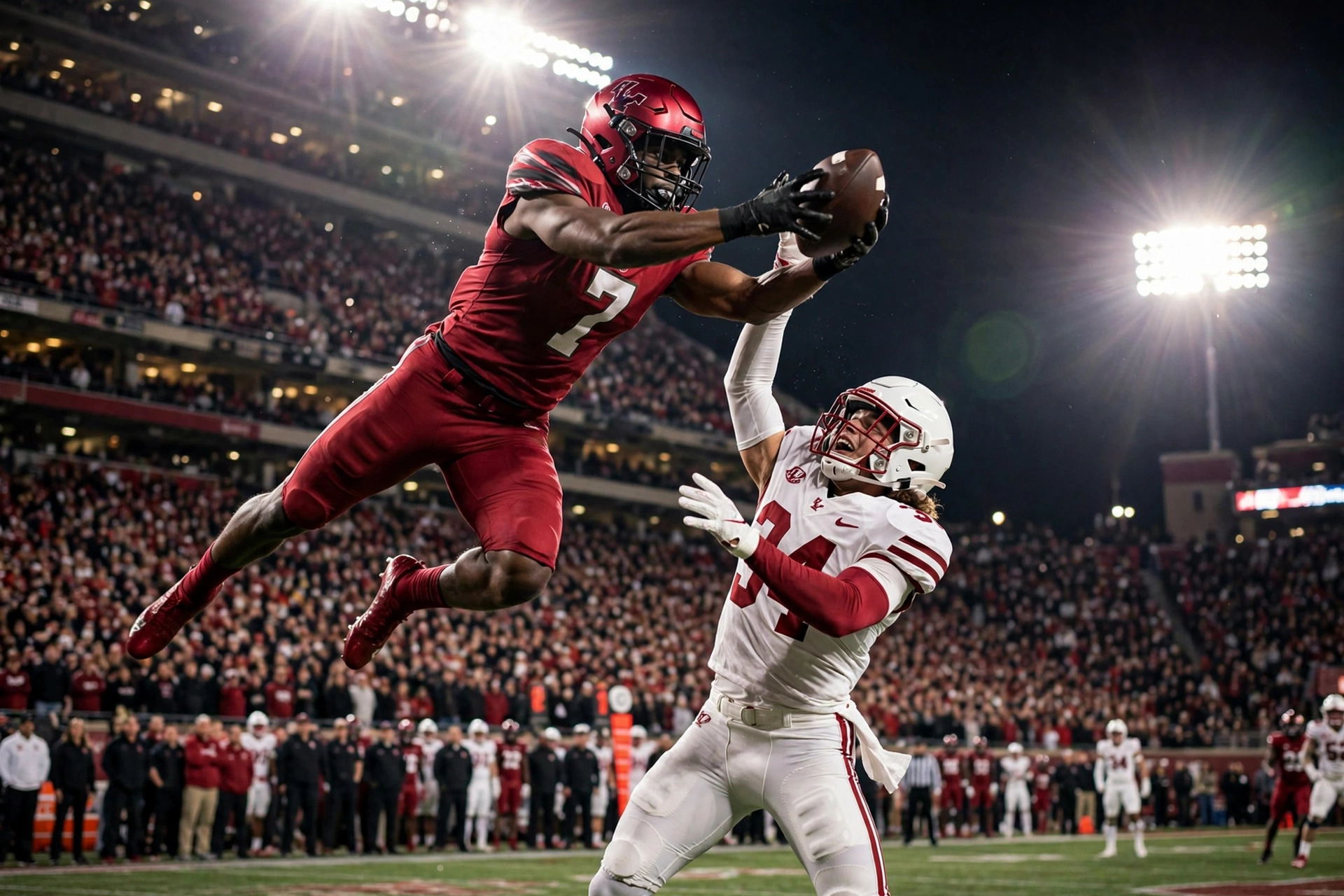 Oklahoma defender leaps for a game-changing interception during the Red River Rivalry against Texas at the Cotton Bowl