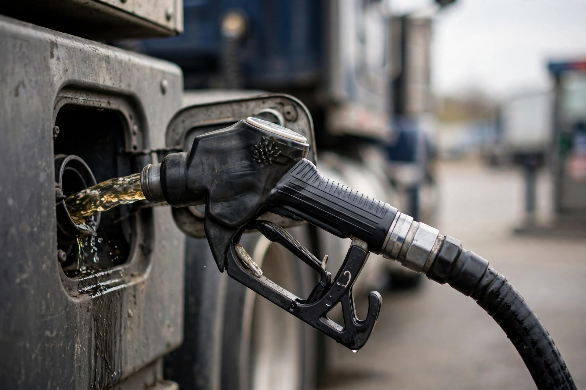 Semi truck refueling at a diesel pump in the United States