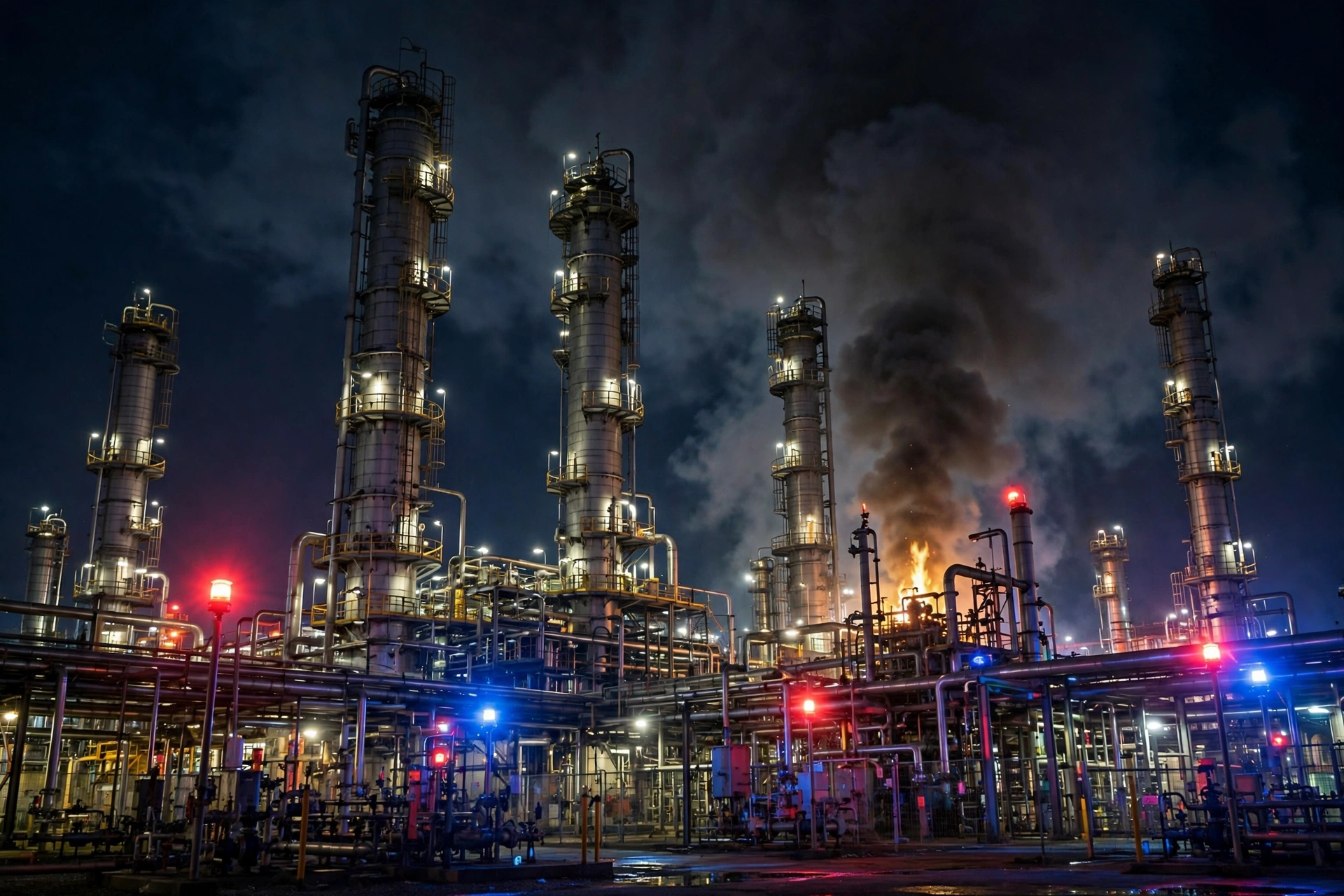 Oil refinery at night with fire and smoke on one processing unit