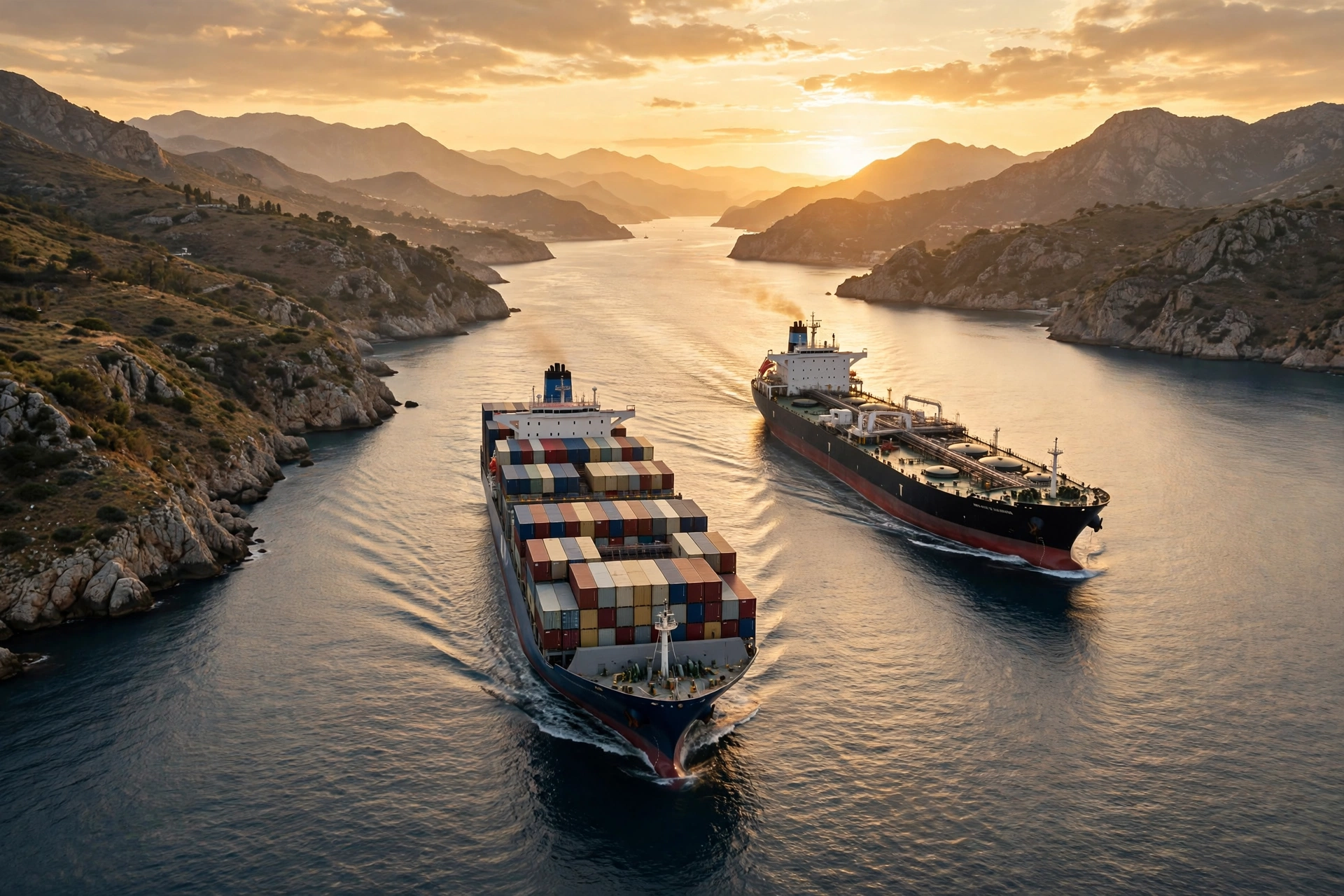 Container ship and oil tanker sailing through a narrow strait at golden hour