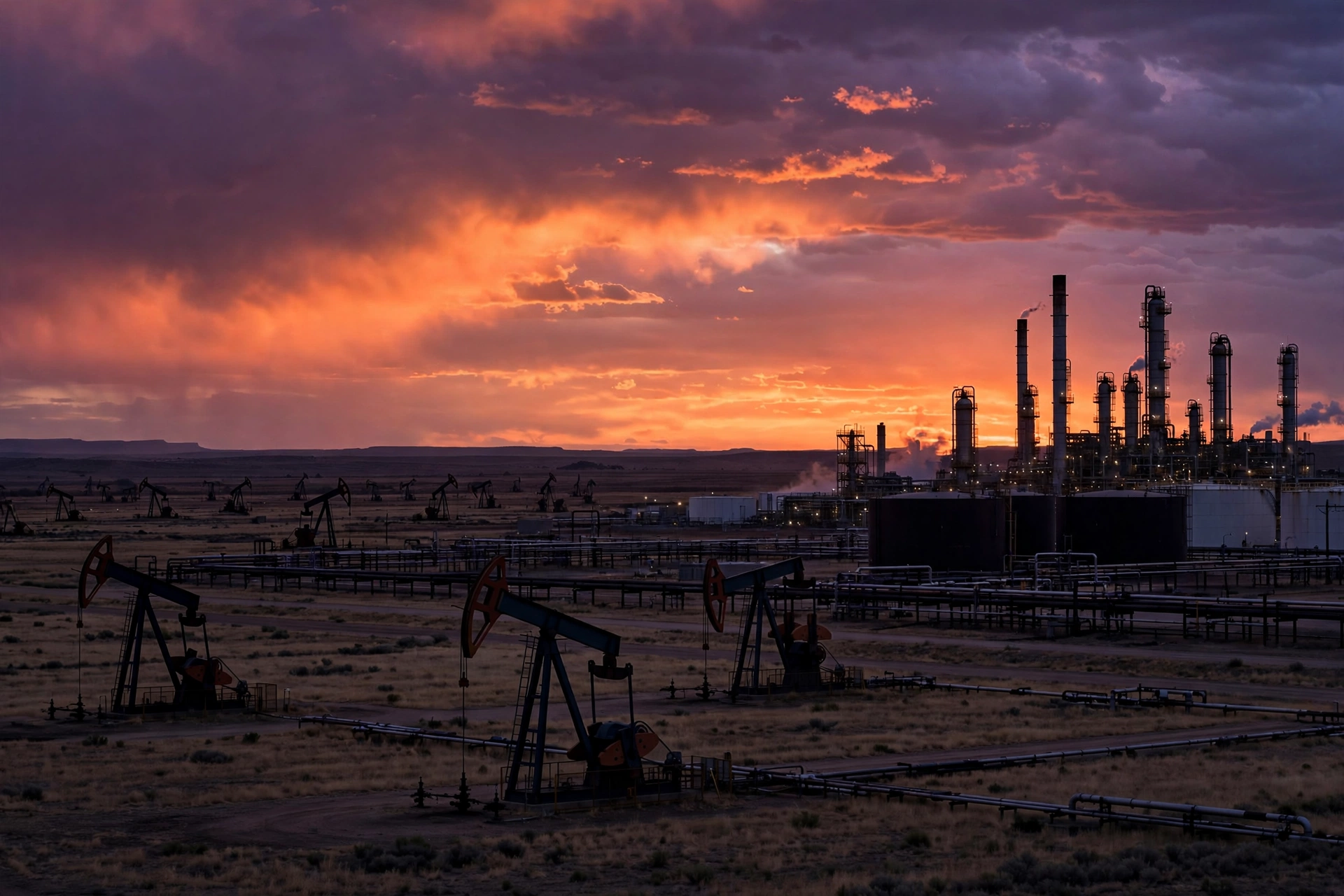 Oil pump jacks and refinery towers silhouetted against a dramatic sunset sky