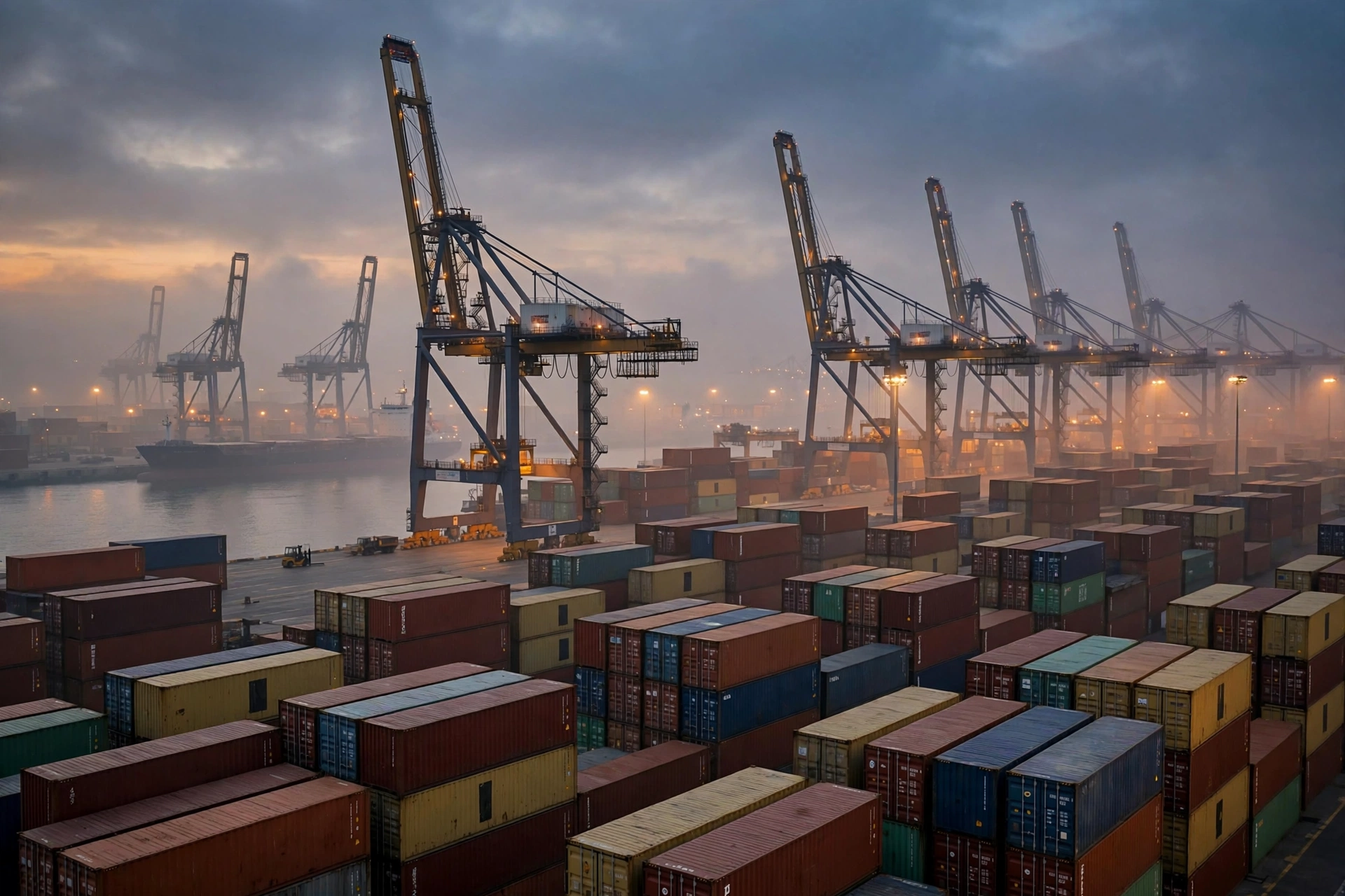 Container cargo port at dusk illustrating the India trade dilemma over Russian oil