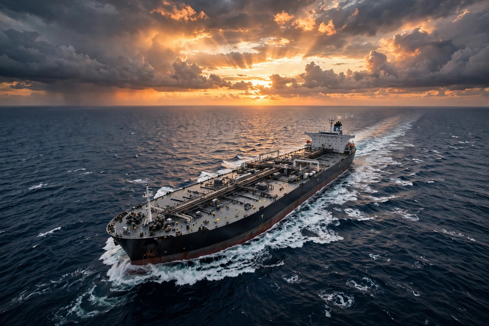 Oil tanker at sea at sunset as energy markets watch Trump's sanctions review