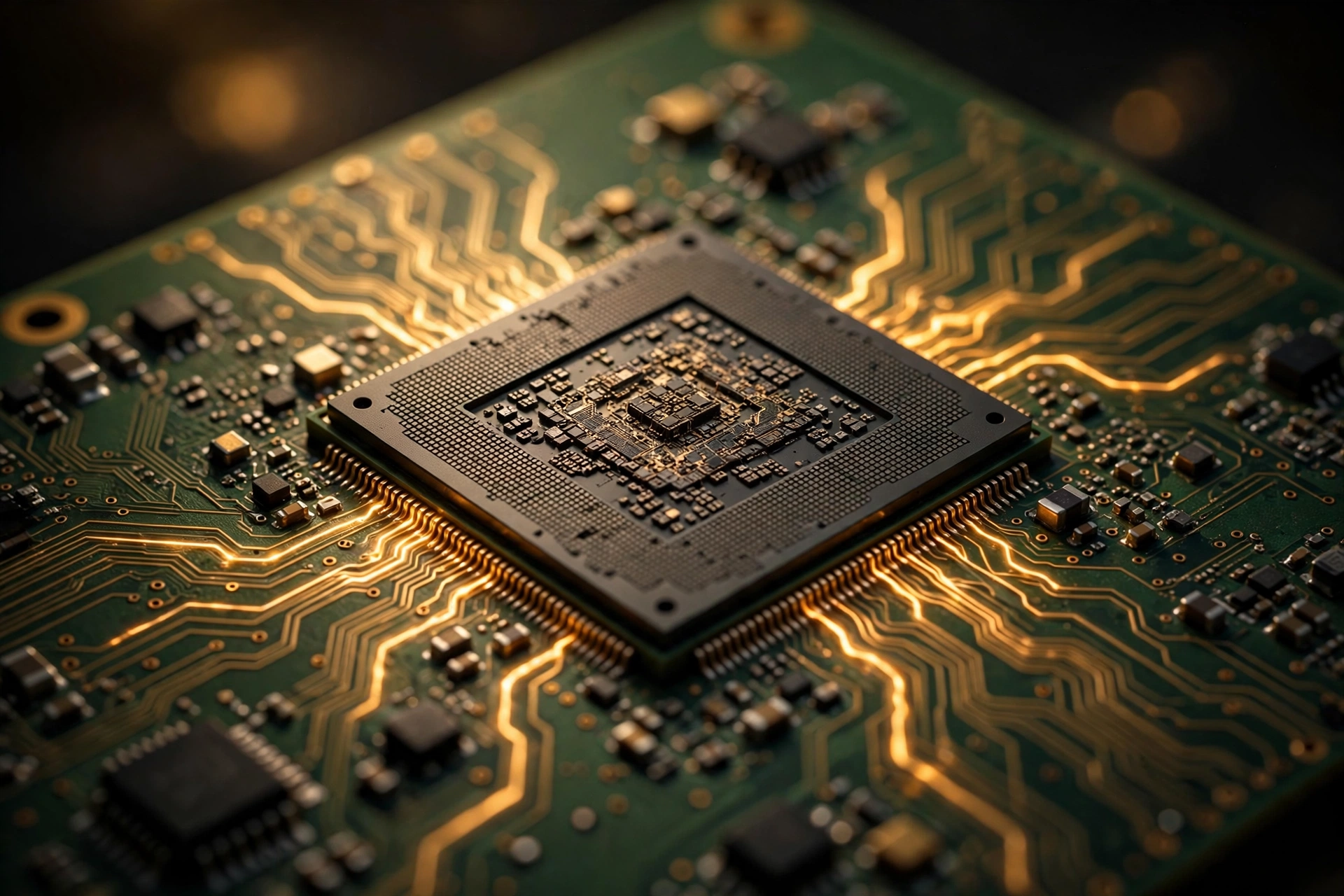 Close-up of an advanced AI processor chip with glowing golden circuitry on a circuit board