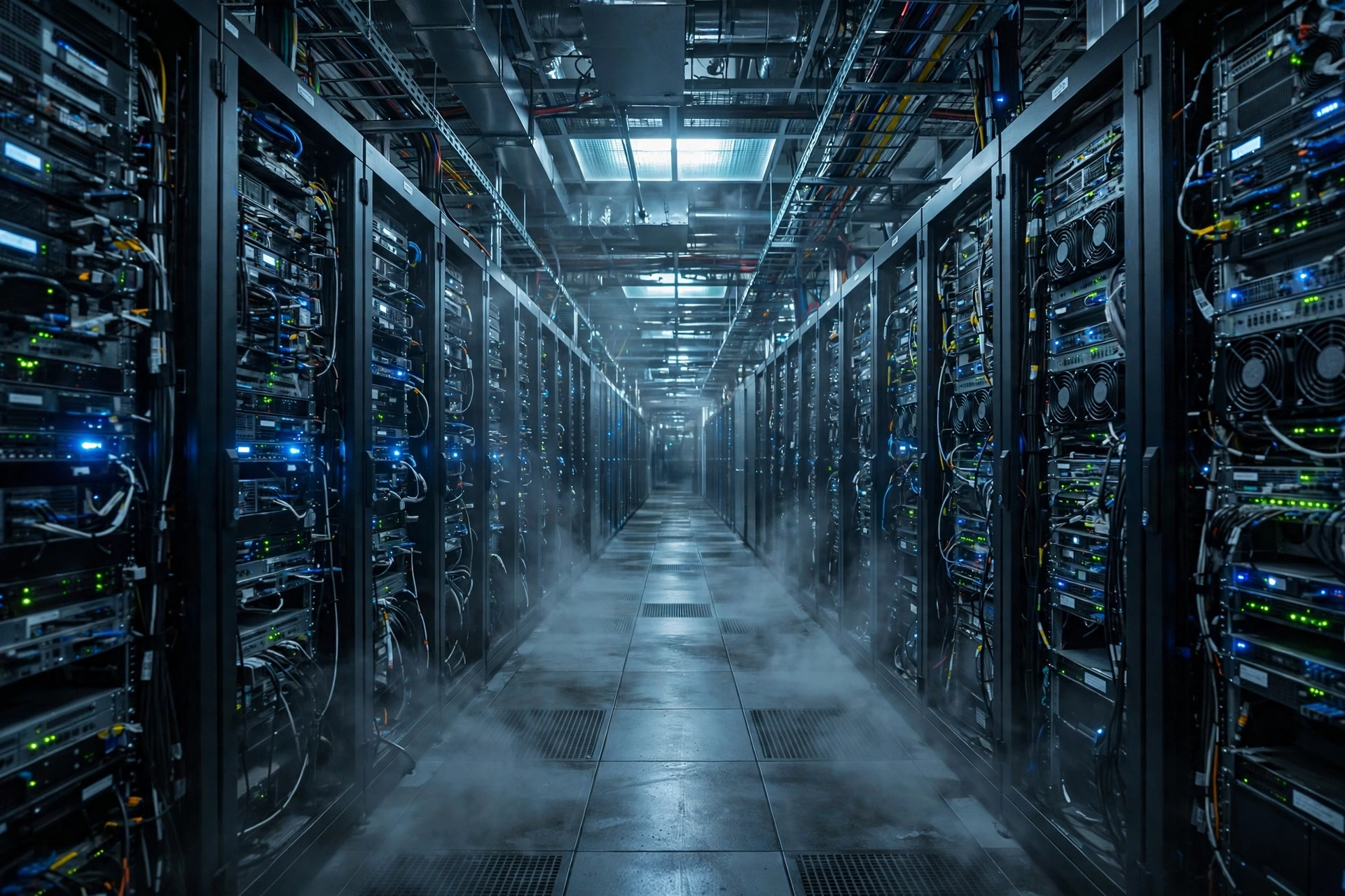 Long corridor of AI data center server racks with blinking lights