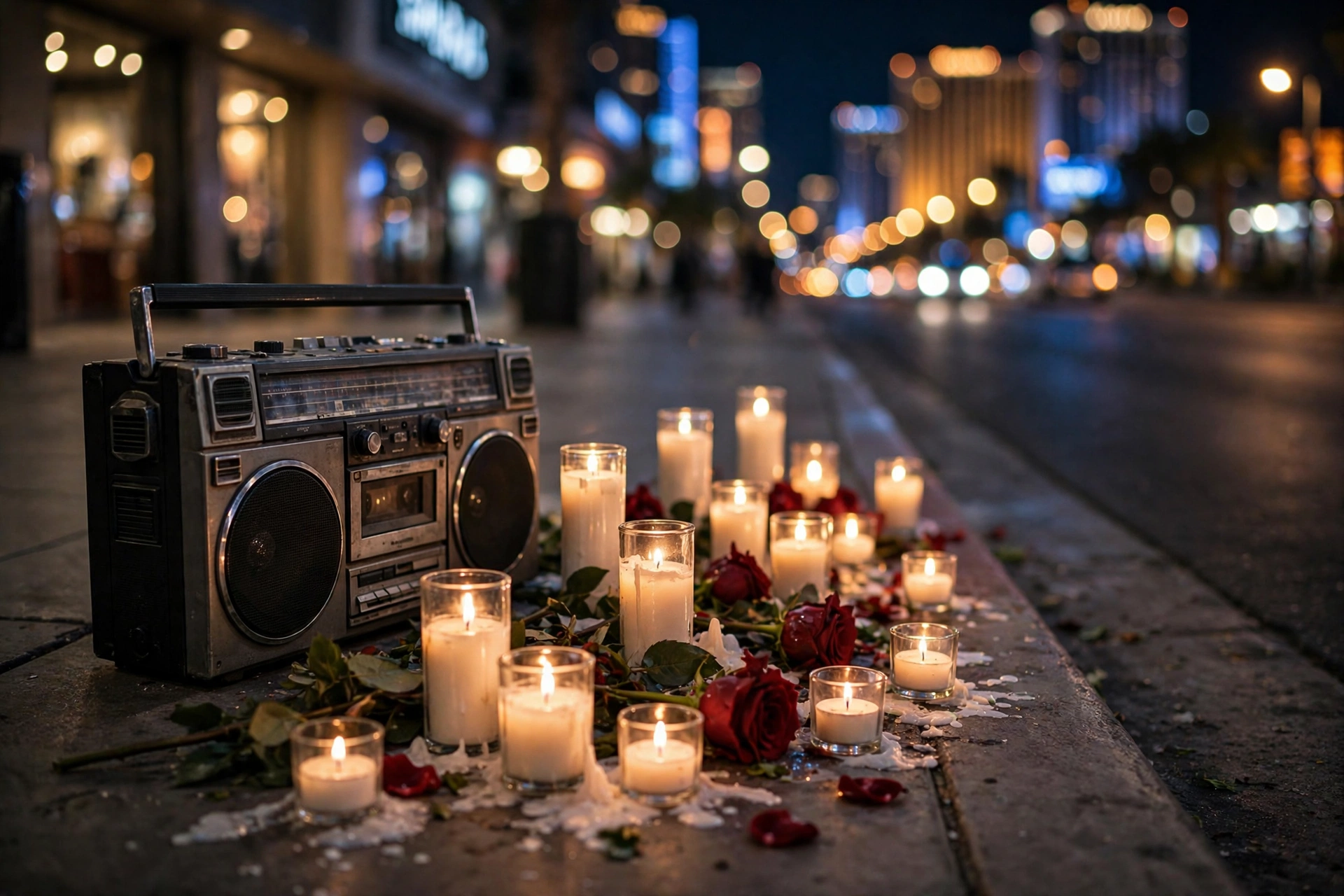 Candles and roses at a Las Vegas hip-hop memorial tribute to Tupac Shakur