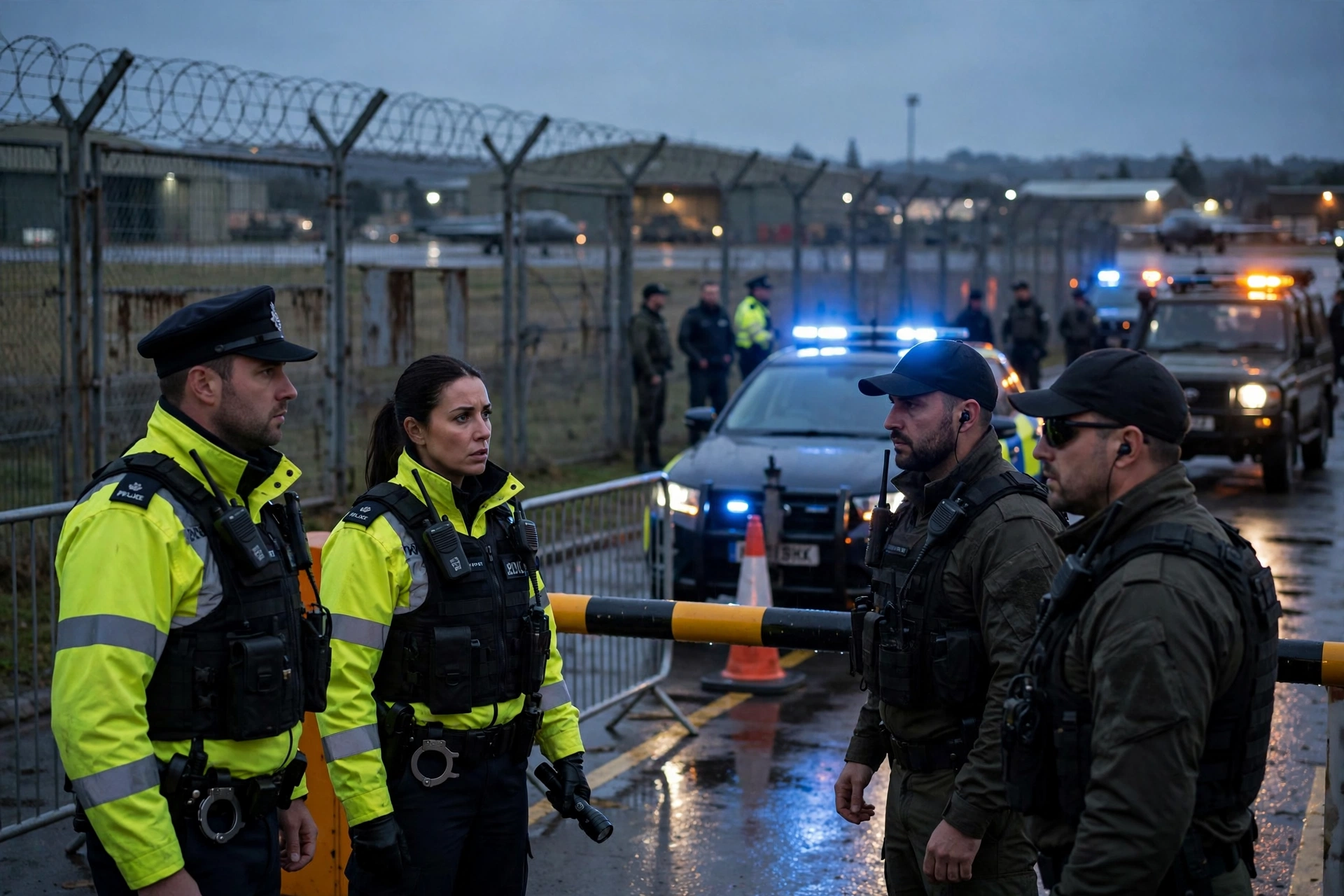 British security personnel and police vehicles near the RAF Fairford airbase perimeter at dusk
