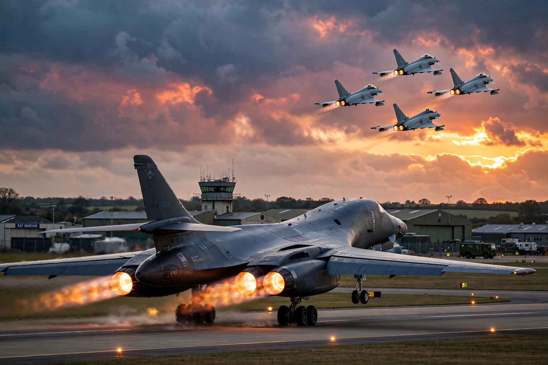 B-1 bomber taking off from a UK airbase at sunset during the US Air Force redeployment