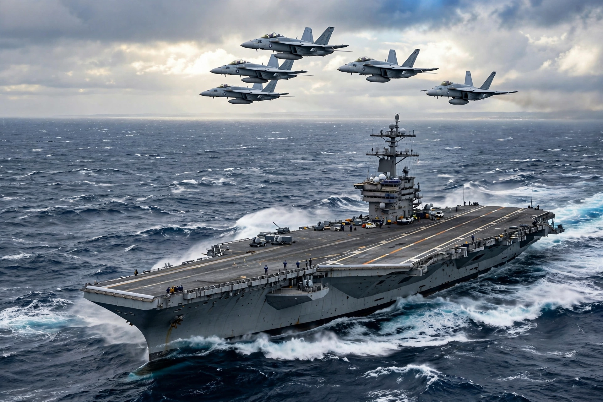 Fighter jets flying in formation over a US Navy aircraft carrier during combat operations at sea