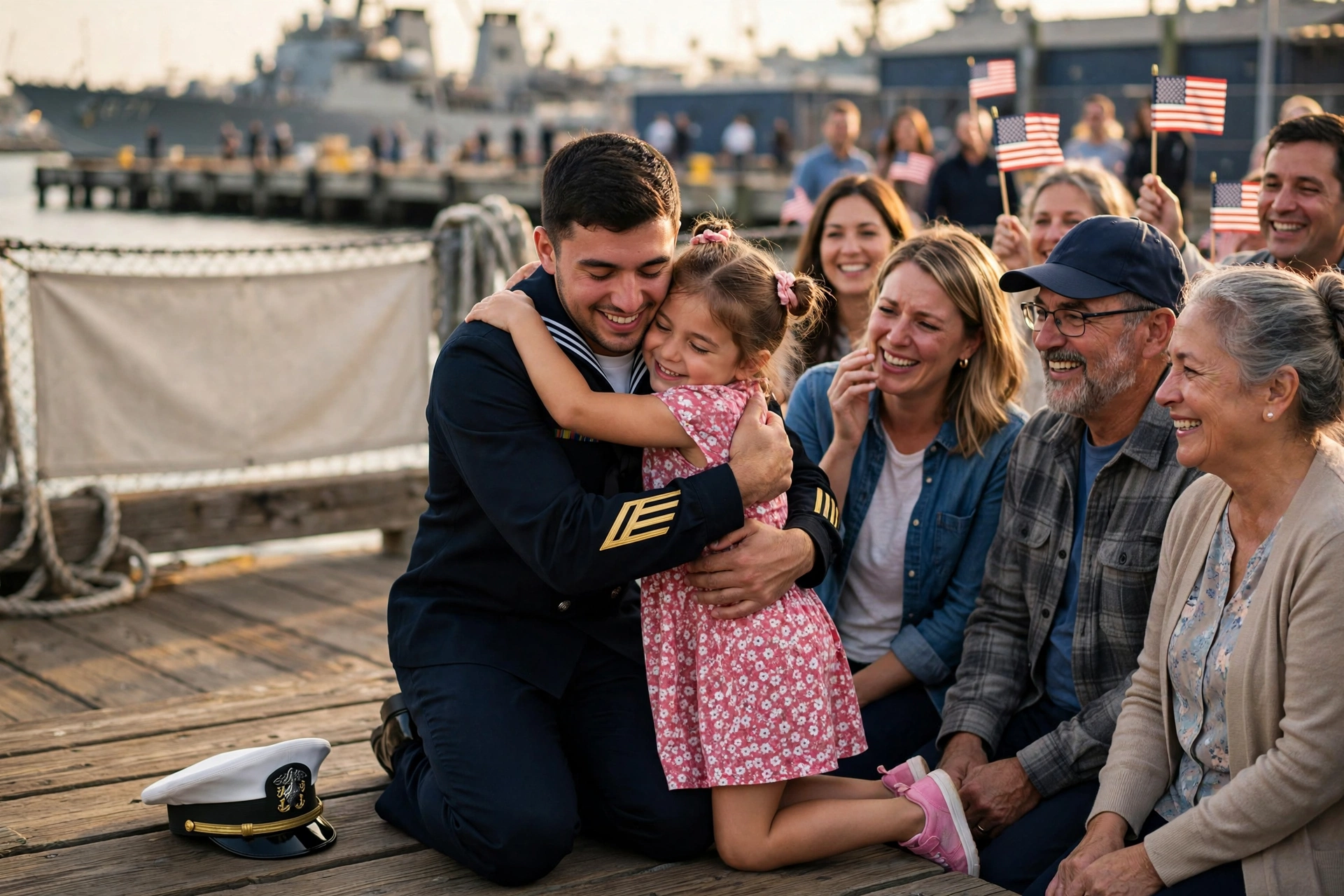 A US Navy sailor in dress uniform embracing his young child during the emotional USS Lincoln homecoming at a San Diego naval pier