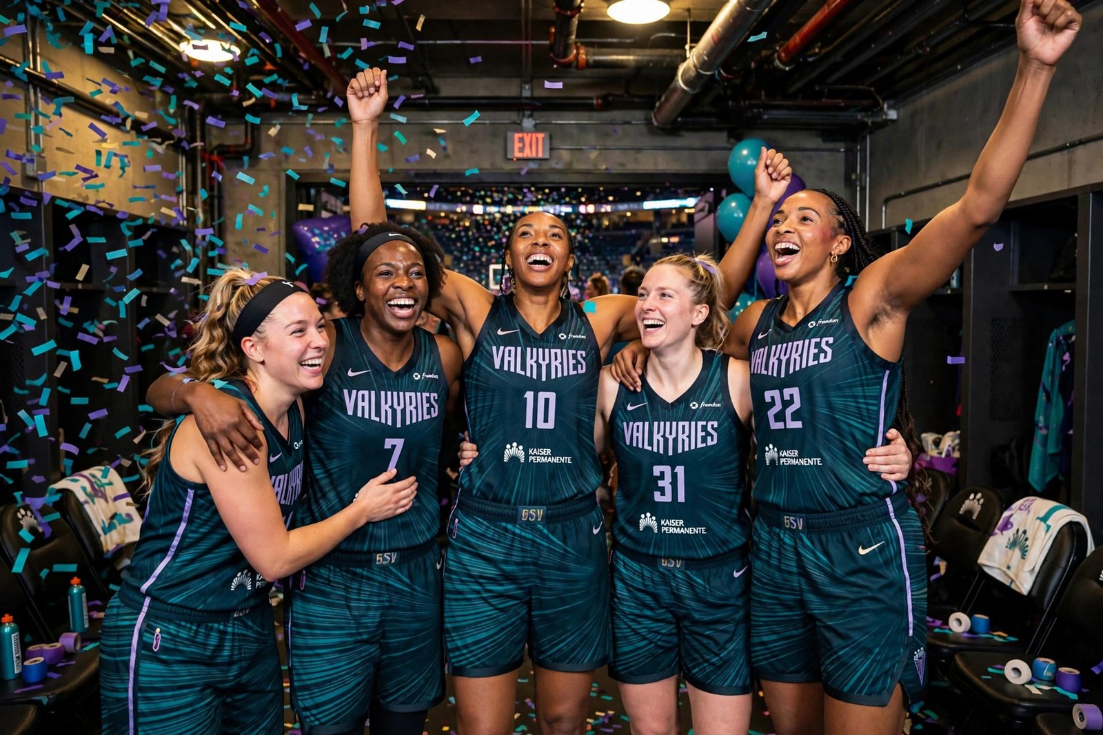 Golden State Valkyries players celebrating together after sweeping the Las Vegas Aces to reach the WNBA Finals