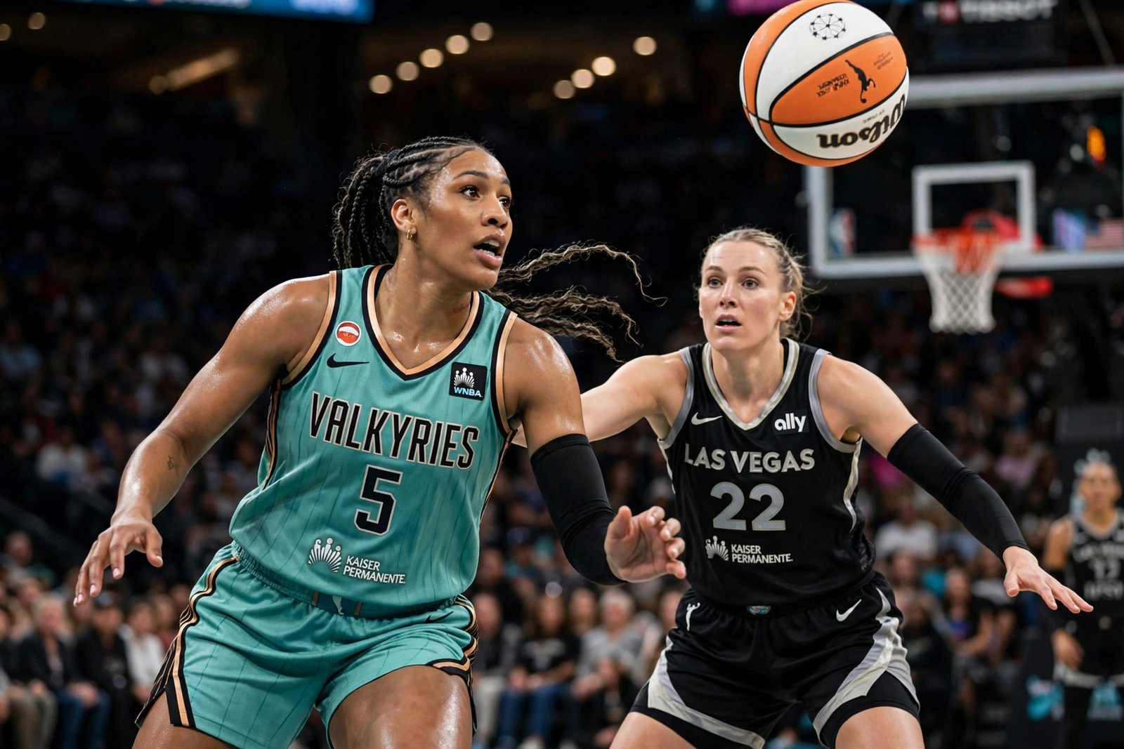 Golden State Valkyries player driving to the basket against Las Vegas Aces defense in the final minute of WNBA playoff action