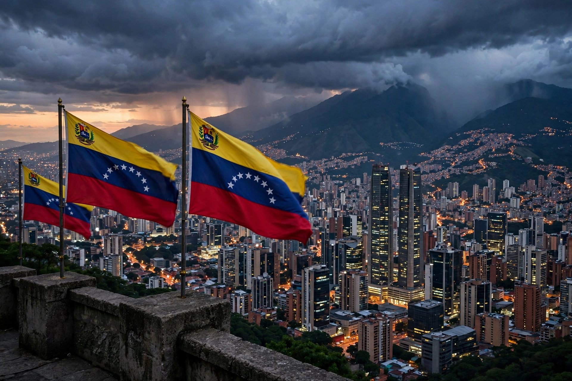 Caracas Venezuela skyline at twilight with Venezuelan flags