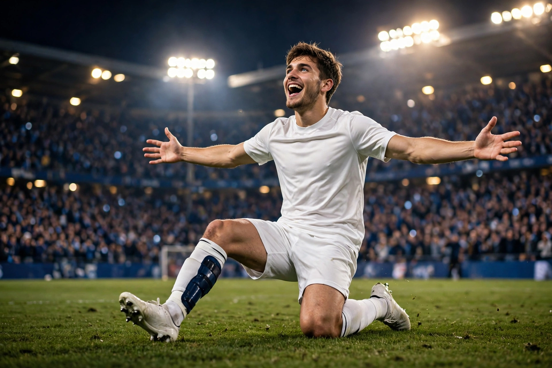 A young footballer in white celebrating a goal with a knee slide under the Bernabeu floodlights