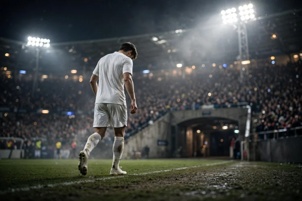 A dejected footballer in white walking off under the Bernabeu floodlights after a controversial red card