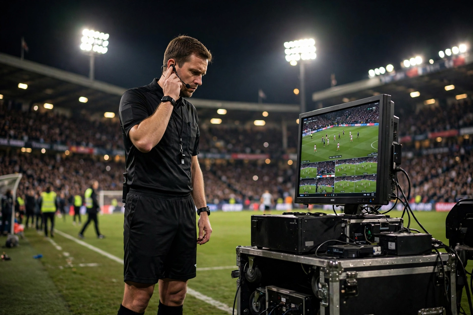 Referee reviewing a pitchside VAR monitor during Real Madrid vs Villarreal at the Santiago Bernabeu