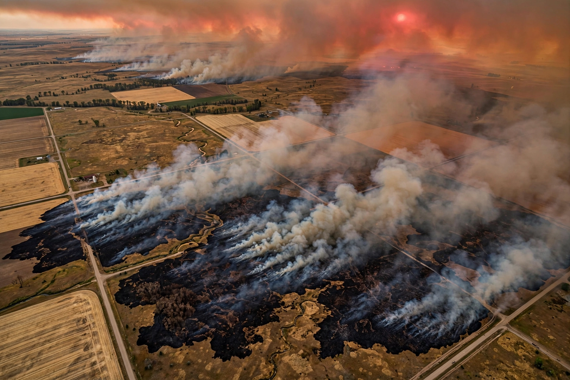 Aerial view of wildfire smoke spreading over Alberta prairie farmland at sunset
