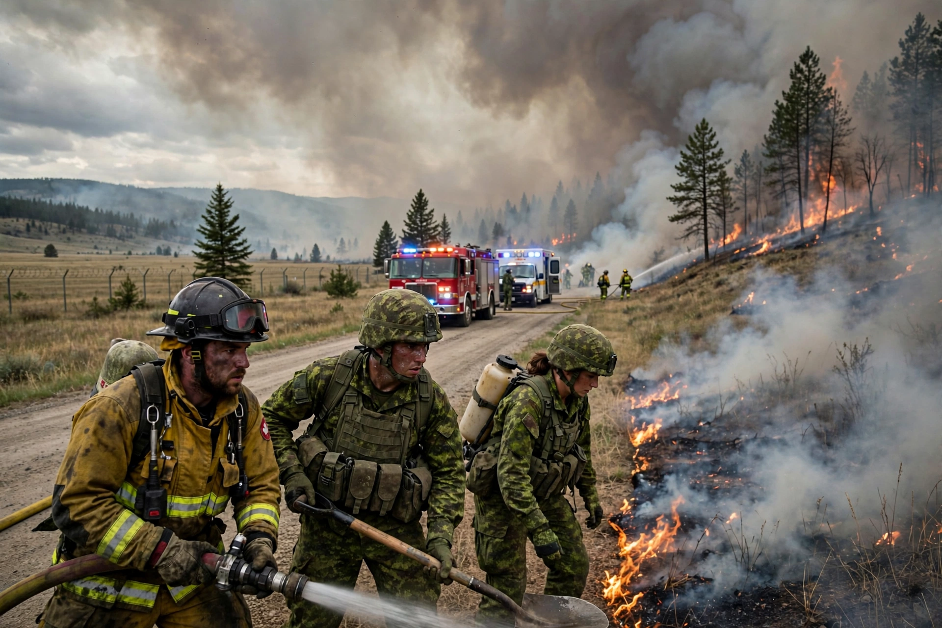Emergency vehicles and soldiers responding to a wildfire on a military training ground in Alberta