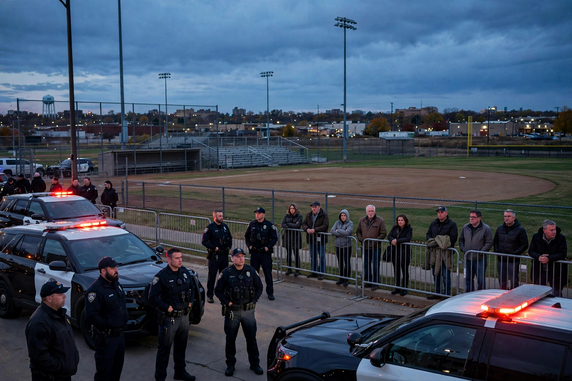 Police cordon and patrol cars with flashing lights outside a sports field in Wichita, Kansas, after the crash